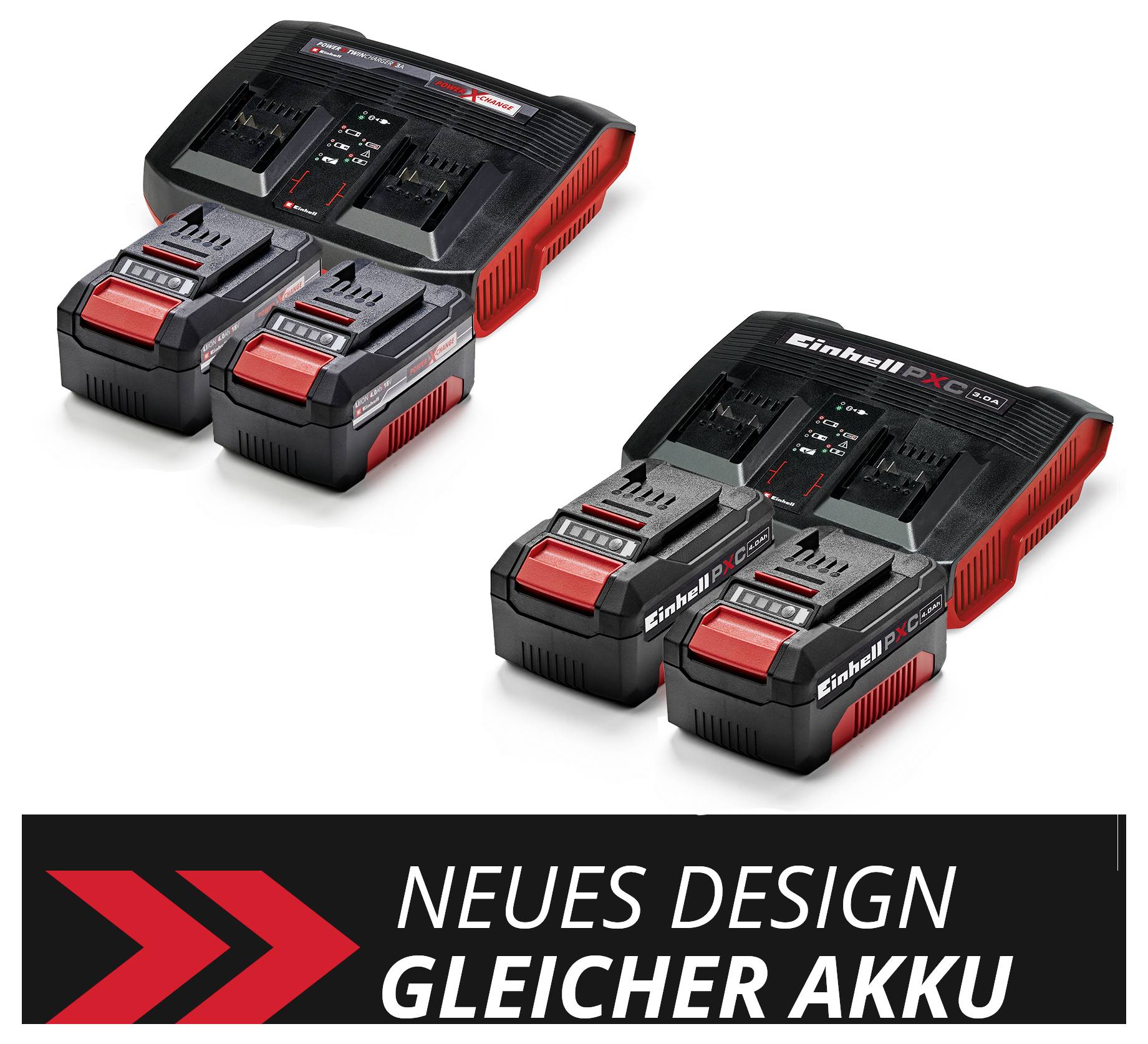 Drei Einhell-Akkuladegeräte: zwei doppelte Ladegeräte und ein einzelnes. Text darunter: Neues Design, gleicher Akku.