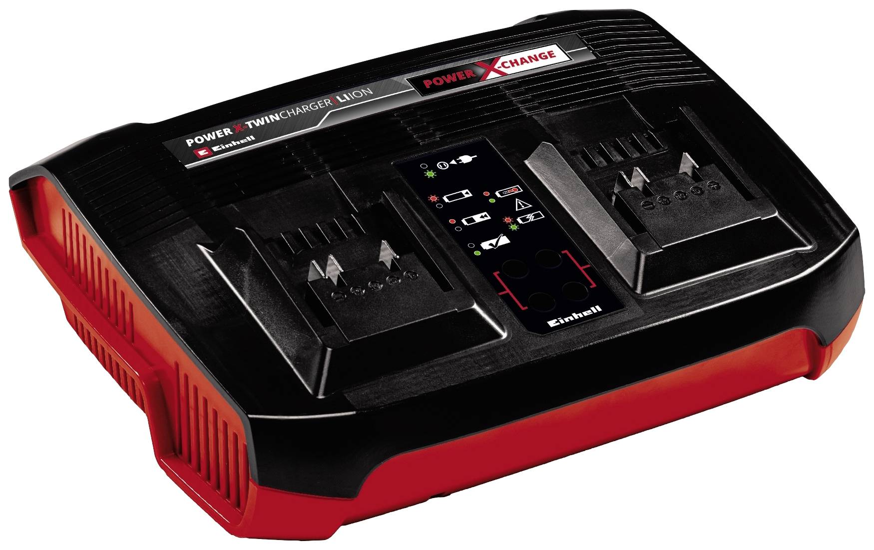 Zweifach-Ladegerät 'Power X-Change' für Lithium-Ionen-Akkus, schwarz-rot. Ladeanzeige mit LEDs und zwei Akkuschächten.