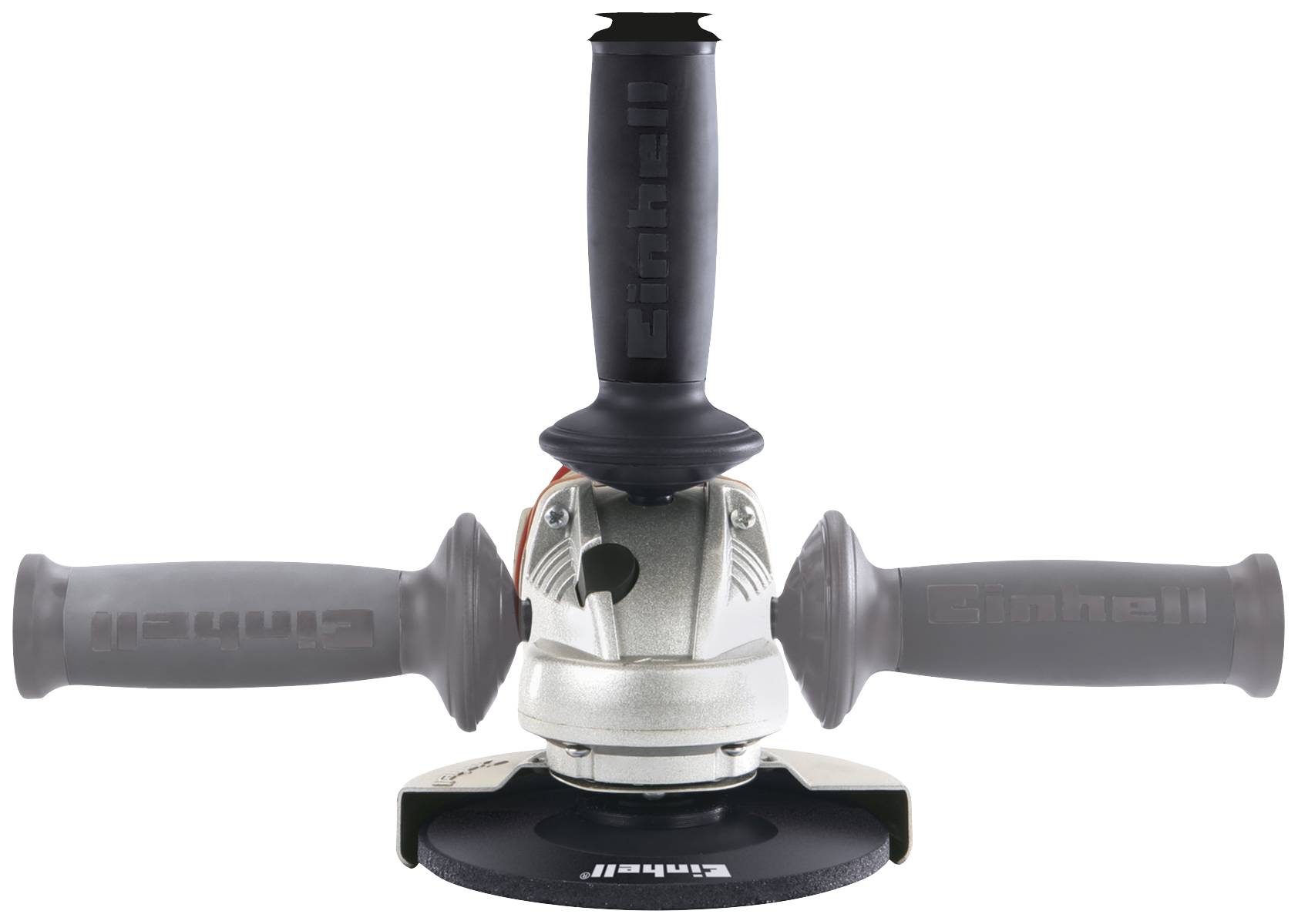 Ein Winkelschleifer mit schwarzem Griff und rotierenden Klingen, vor einem weißen Hintergrund.