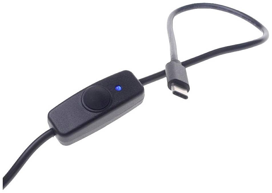 Ein schwarzes Kabel mit USB-C-Stecker und einem rechteckigen Schalter, der eine blaue Statusanzeige aufweist.