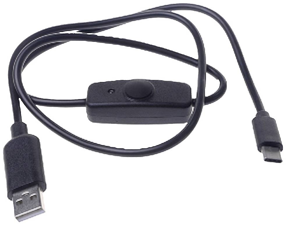 Schwarzes USB-Kabel mit EIN/AUS-Schalter und zwei Anschlüssen: USB-A und USB-C.