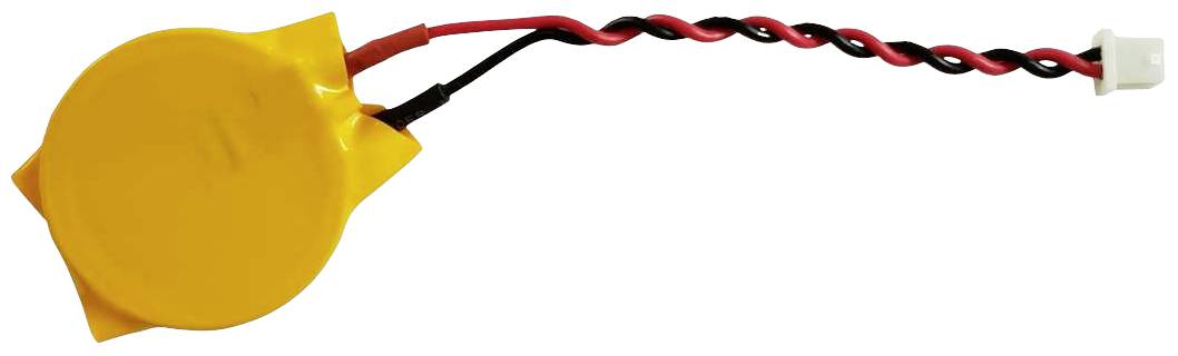 Gelber, runder Akku mit zwei angeschlossenen Kabeln, einem roten und einem schwarzen, die sich verdrehen und in einem weißen Stecker enden.