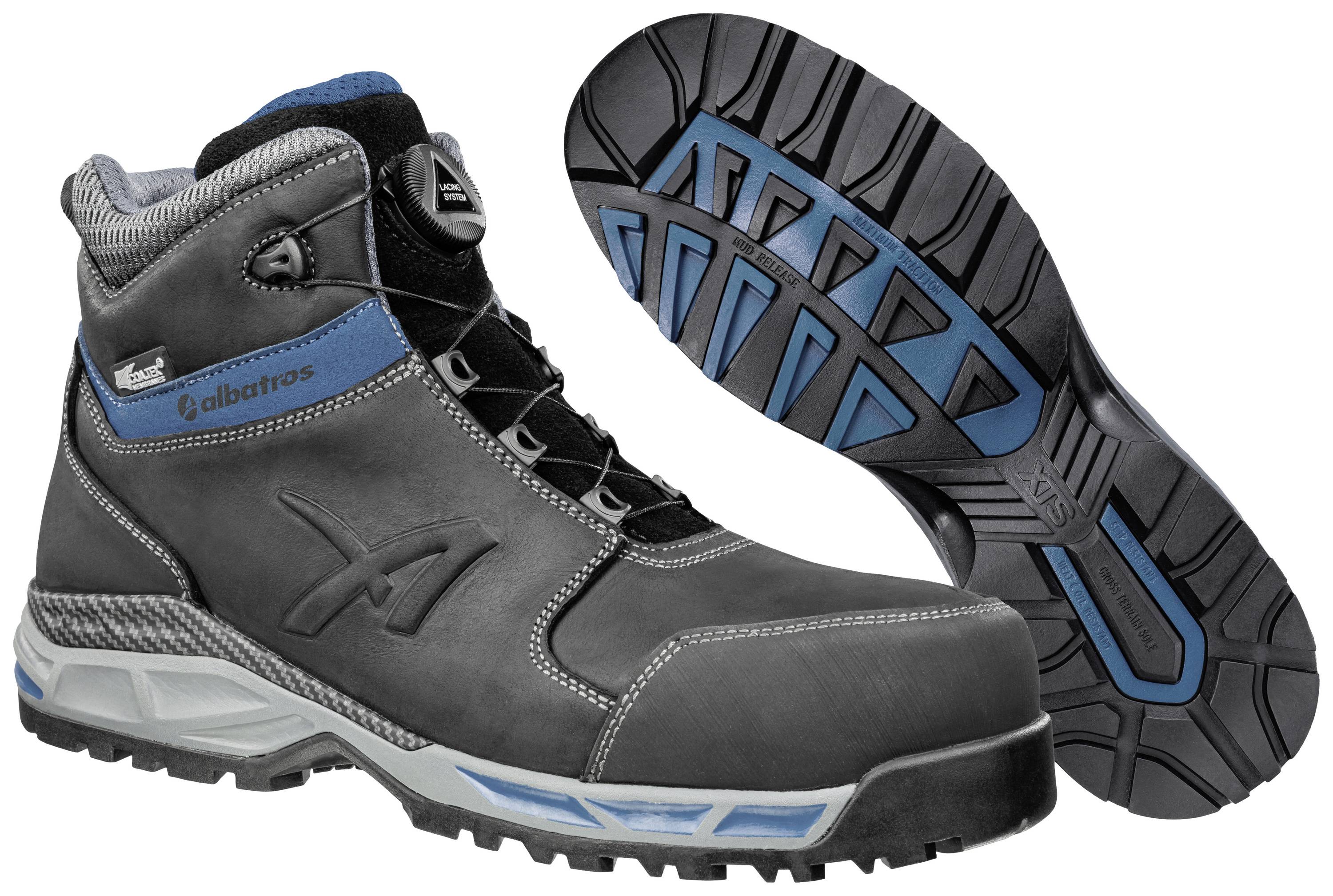 Ein schwarzer, knöchelhoher Sicherheitsstiefel mit blauem und grauem Detail. Profilierte Sohle zeigt rutschfestes Design, geeignet für Arbeitsumgebungen.