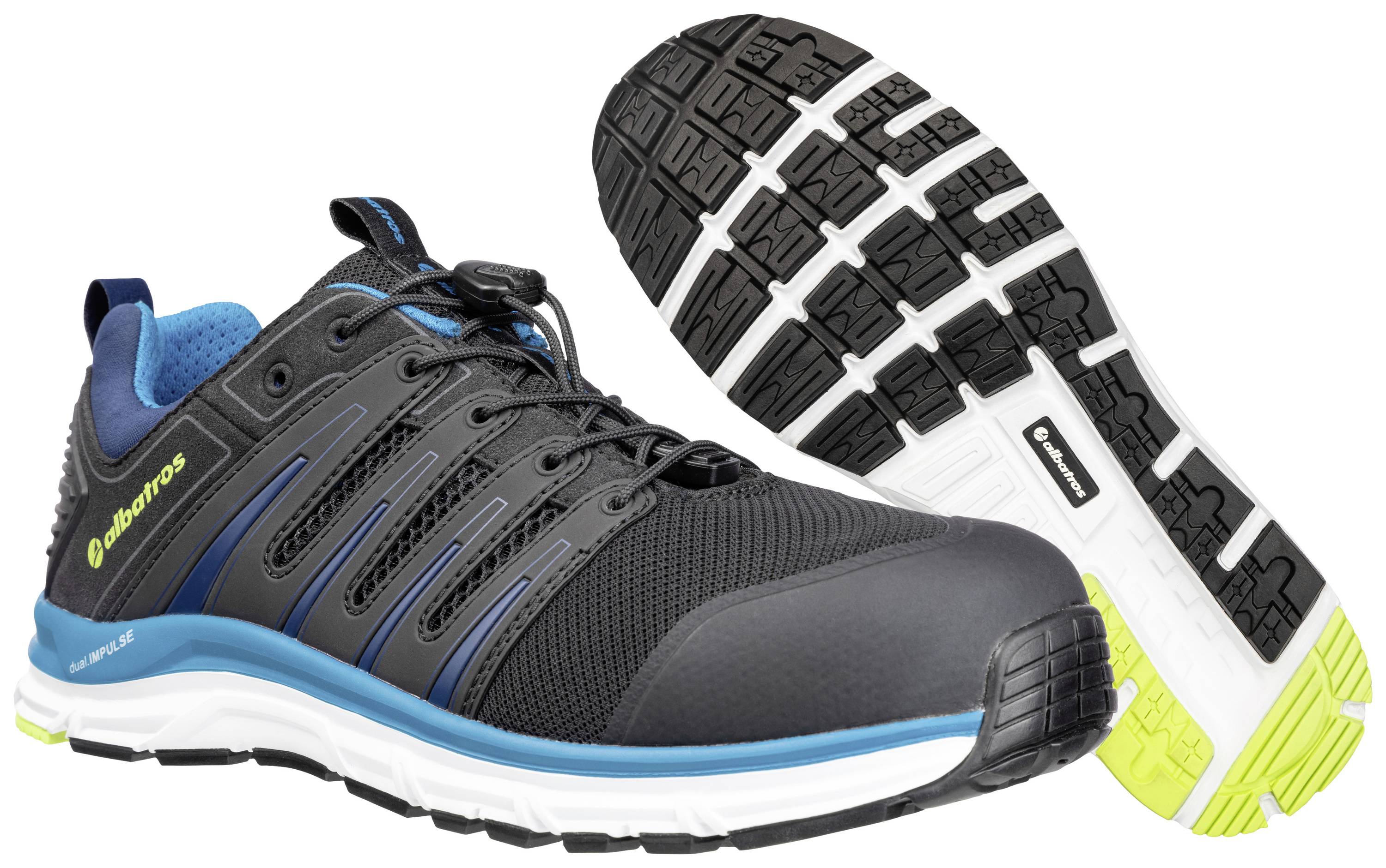 Schwarzer Sportschuh mit blauen und grünen Details, seitlicher Markenname 'Albatros', rutschfeste Sohle, auf weißem Hintergrund.