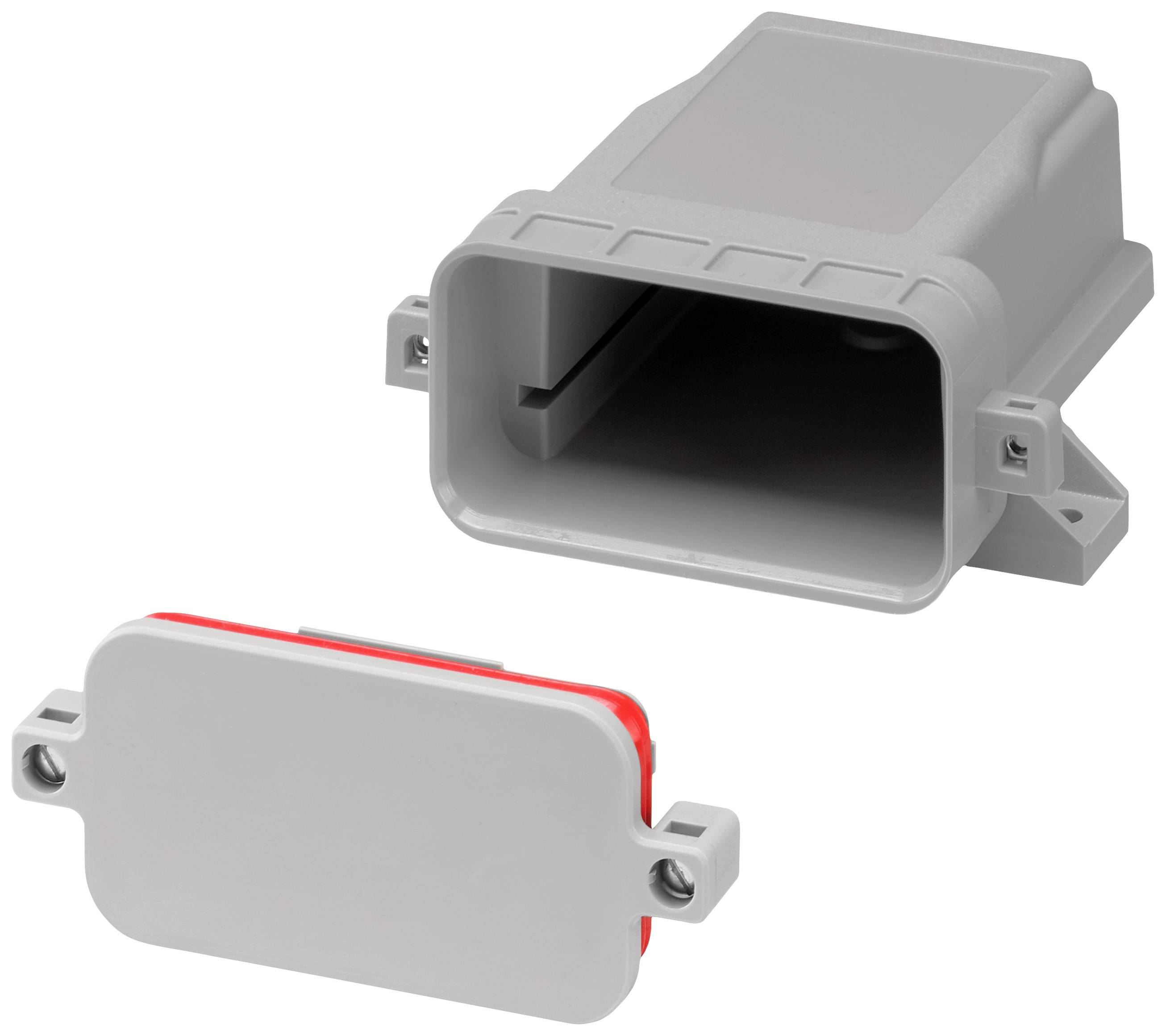 Ein rechteckiges, graues Gehäuse mit abnehmbarer Abdeckung, geeignet für elektronische oder elektrische Komponenten.