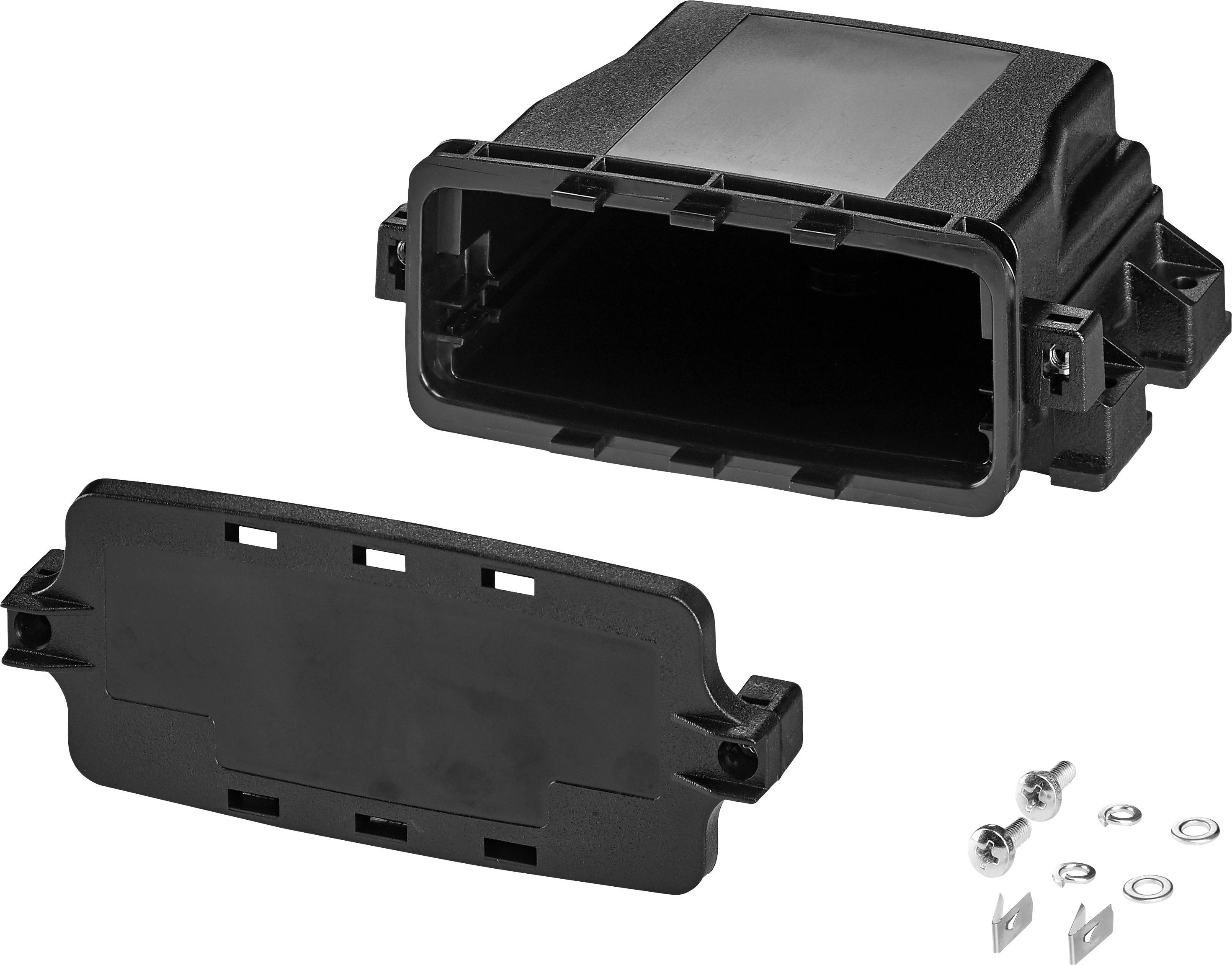 Kunststoffgehäuse mit abnehmbarem Deckel, Schrauben und Metallklammern; geeignet zur Elektronikmontage oder Kabelorganisation.