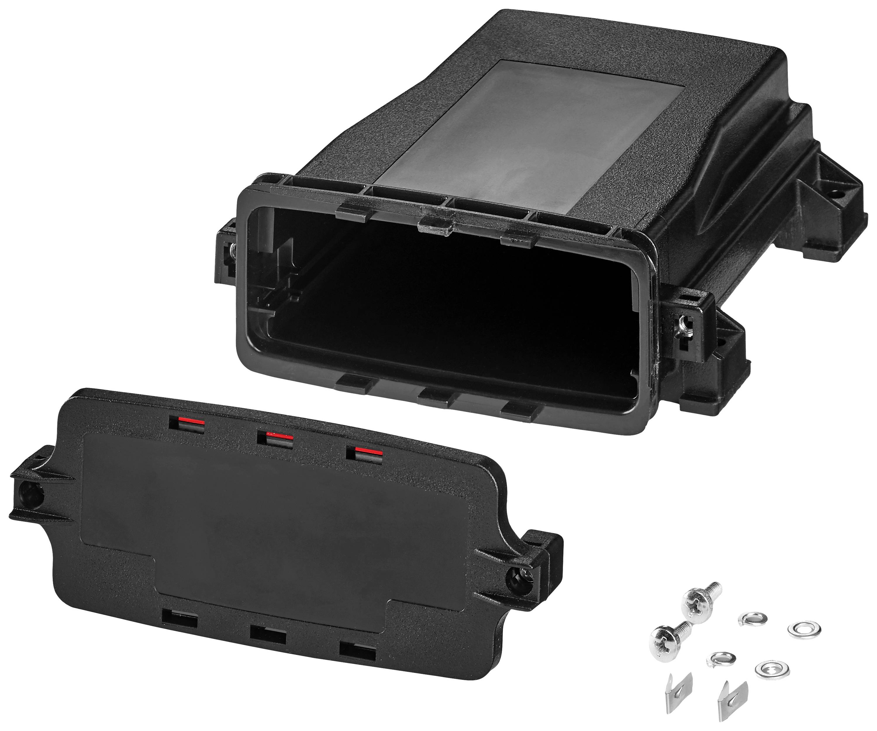 Schwarze, rechteckige Elektronikgehäusekomponente mit abnehmbarer Abdeckung und Befestigungselementen, geeignet für industrielle Anwendungen.