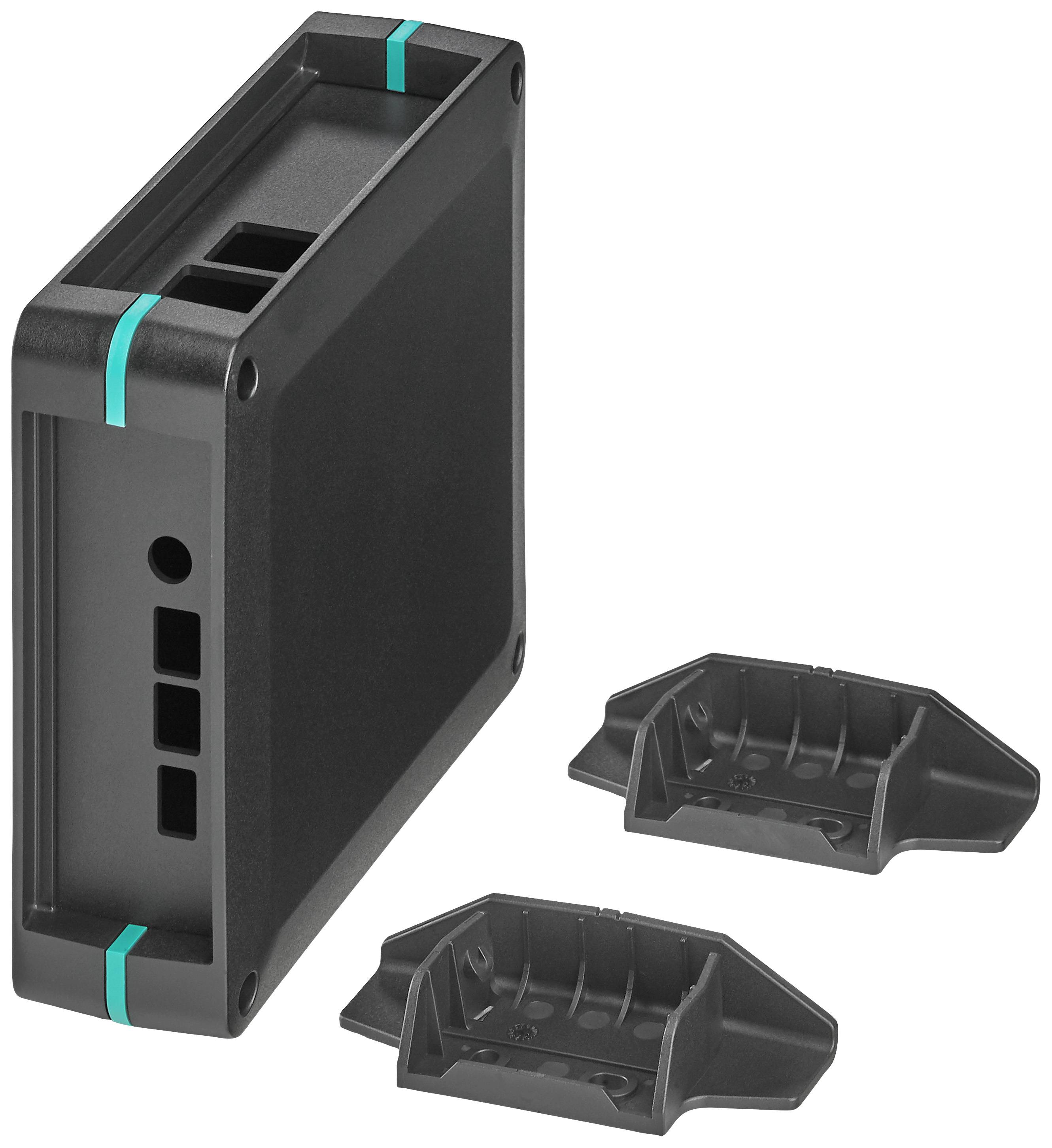 Schwarzes rechteckiges Elektronikgehäuse mit grünen Streifen. Daneben zwei separate, schwarze Halterungen.