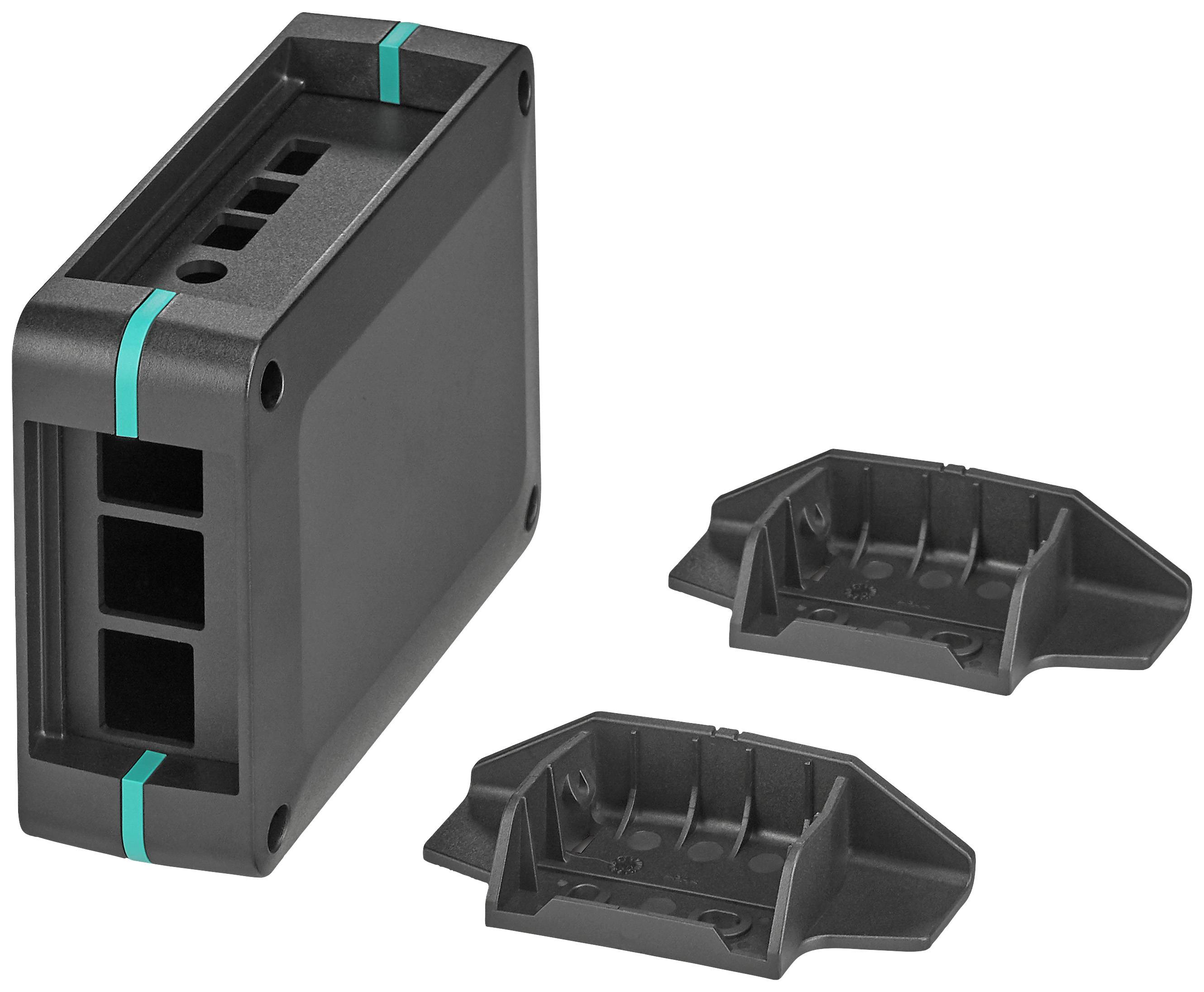 Ein rechteckiges schwarzes Gehäuse mit zwei abnehmbaren Halterungen. Geeignet für elektronische Geräte.