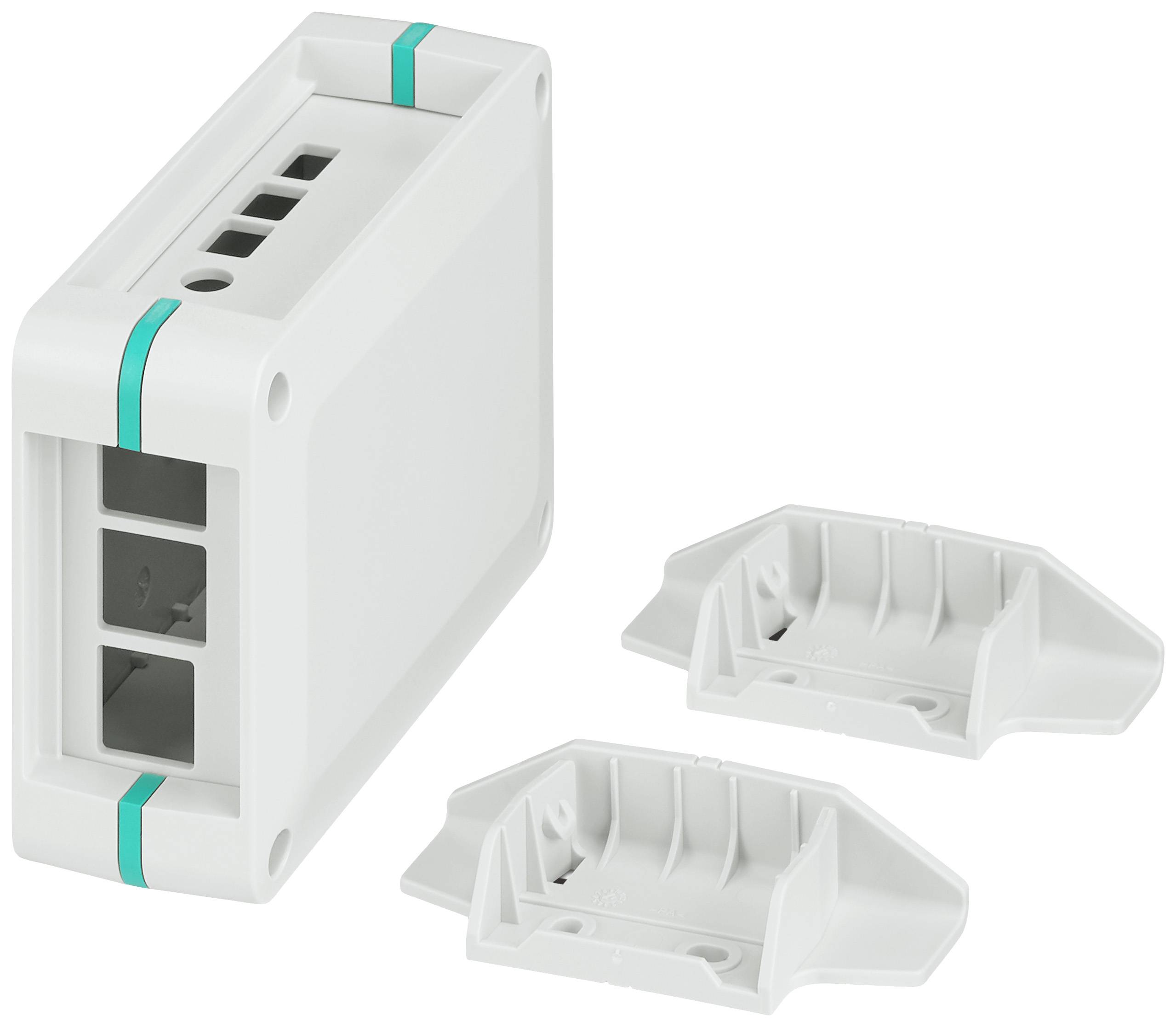 Ein weißes Kunststoffgehäuse mit türkisfarbenen Akzenten und zwei abnehmbaren Seitenabdeckungen, geeignet für elektronische Komponenten.