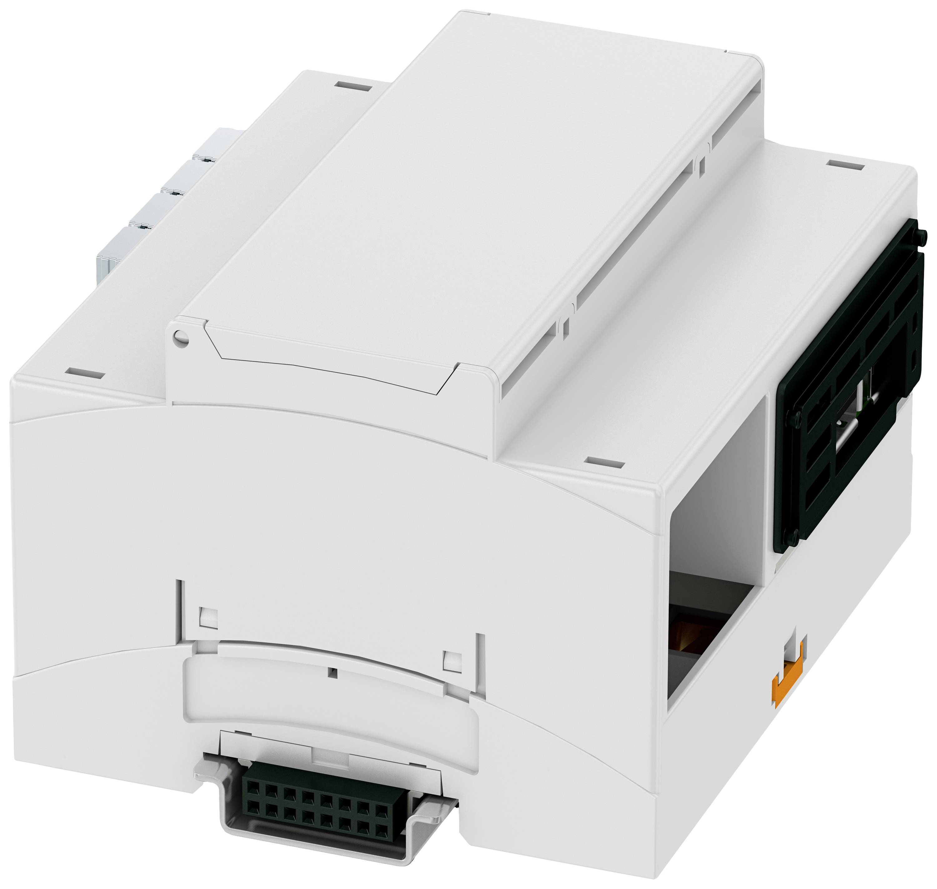 Ein weißes elektrisches Modul mit verschiedenen Anschlussstellen auf Vorder- und Rückseite, vermutlich für industrielle Anwendungen.