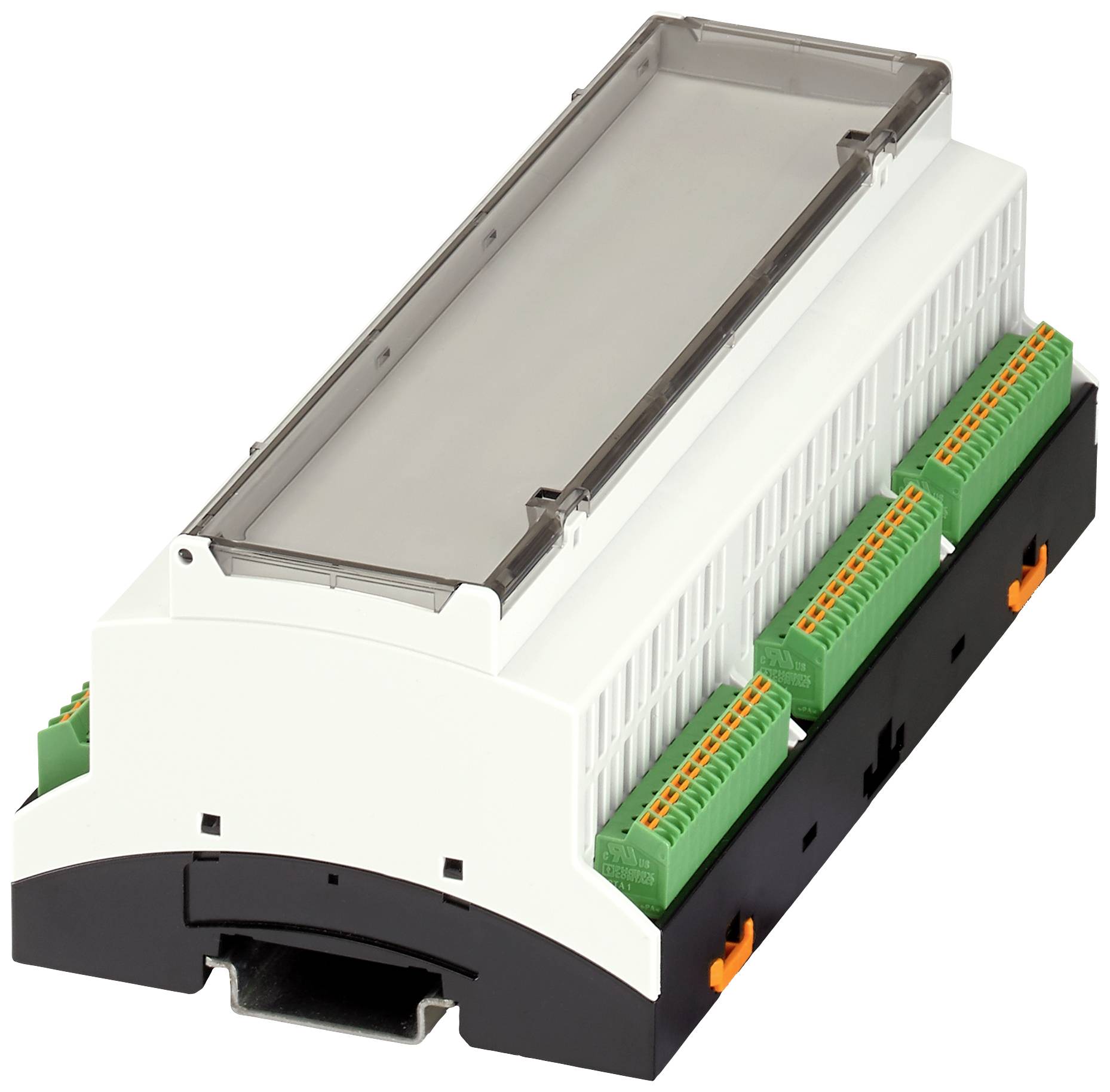 Ein weißes, rechteckiges elektronisches Gerät mit grünen Anschlussklemmen, vermutlich ein Modul für industrielle Steuerungssysteme.