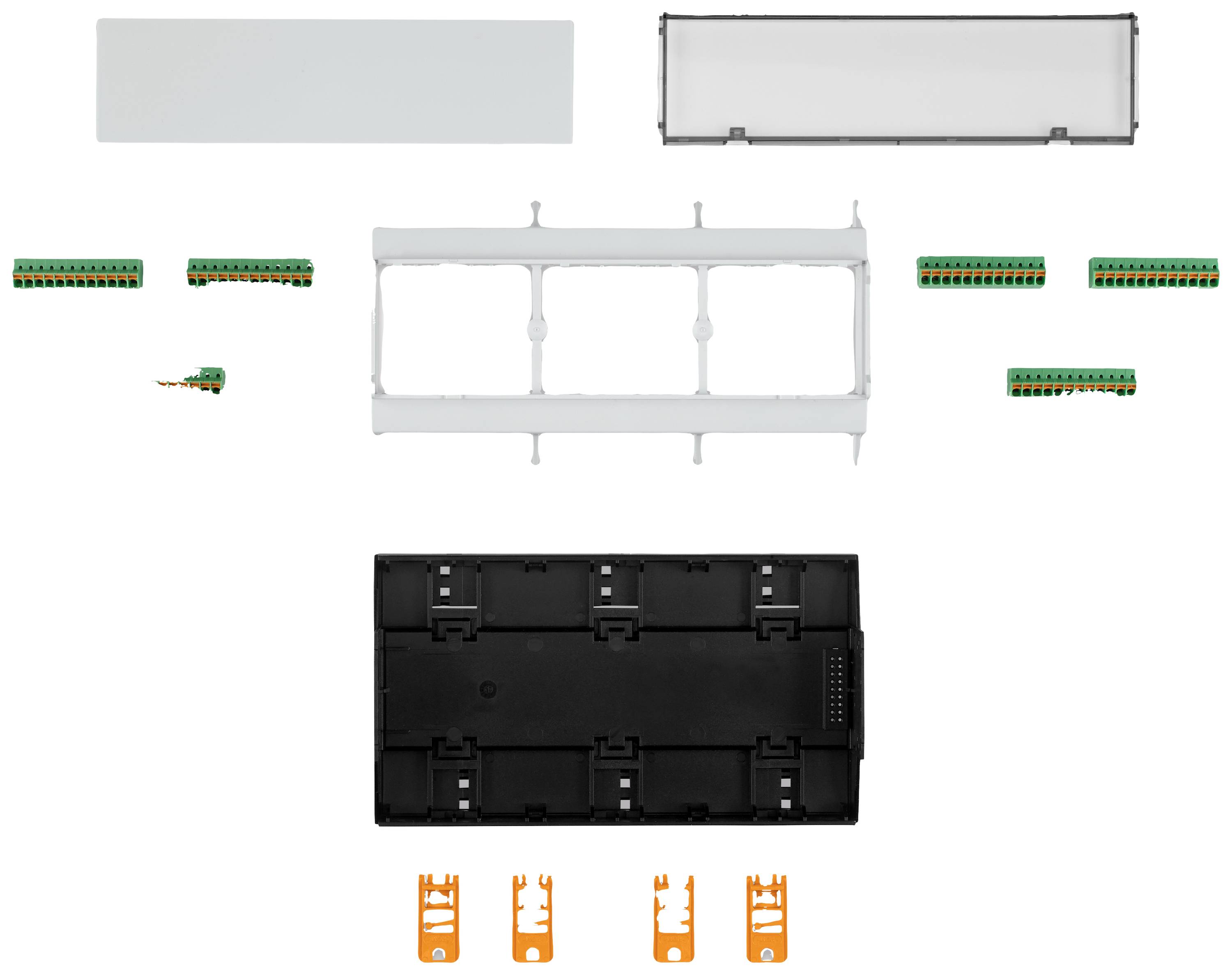 Bauteile einer Elektroinstallationsbox, bestehend aus einem schwarzen Gehäuse, grün-roten Steckverbindungen, weißen und orangen Befestigungselementen, rechteckige Anordnung.