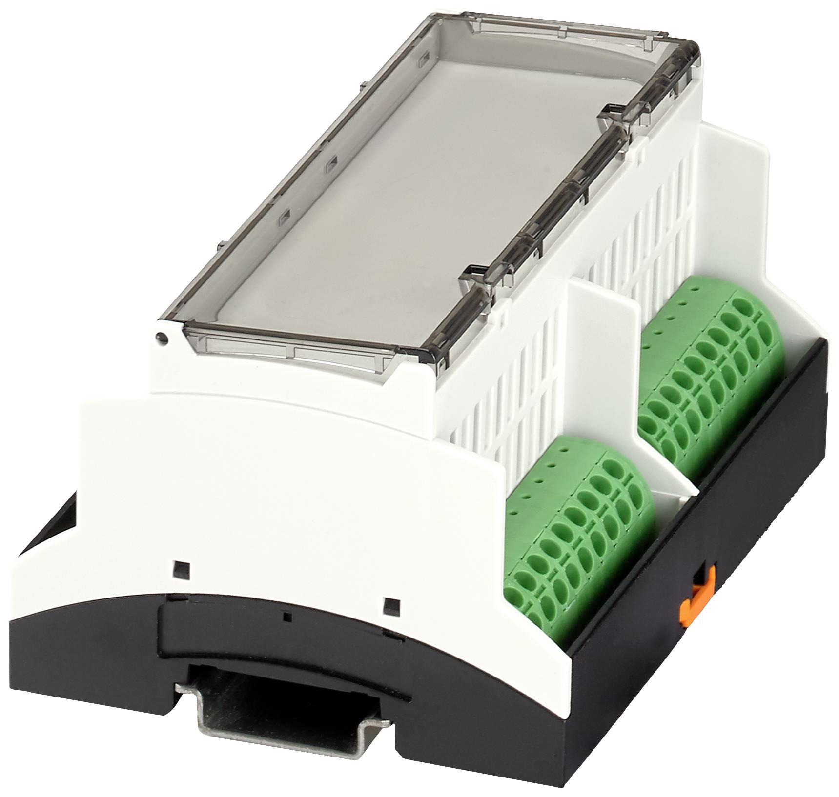 Ein weißes, rechteckiges Elektronik-Gehäuse mit transparentem Deckel. An den Seiten befinden sich grüne Anschlussklemmen.