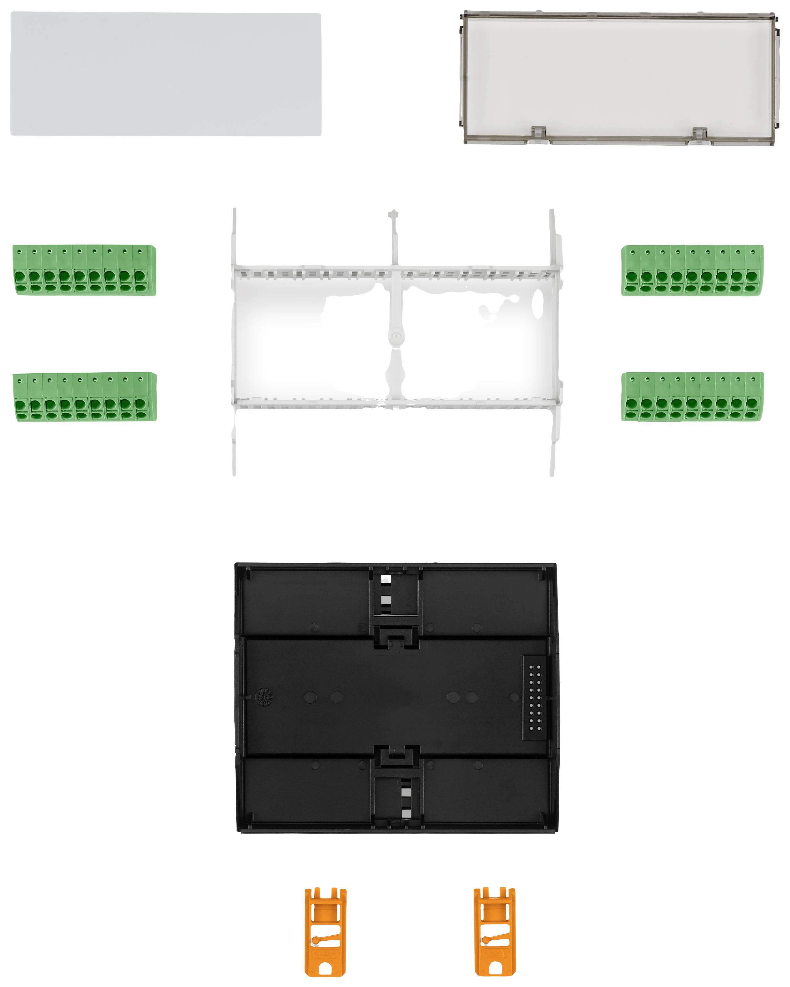 Einzelteile eines elektronischen Geräts: Kunststoffabdeckung, Gehäuse, Platinenverbindungen und Halterungen, auf weißem Hintergrund.