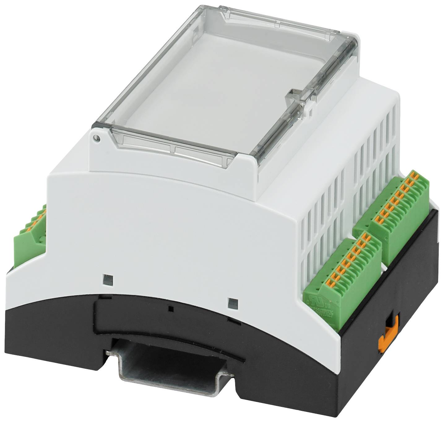 Ein weißes elektronisches Gerät in rechteckiger Form mit grünen Steckverbindungen an den Seiten und einem transparenten Deckel.