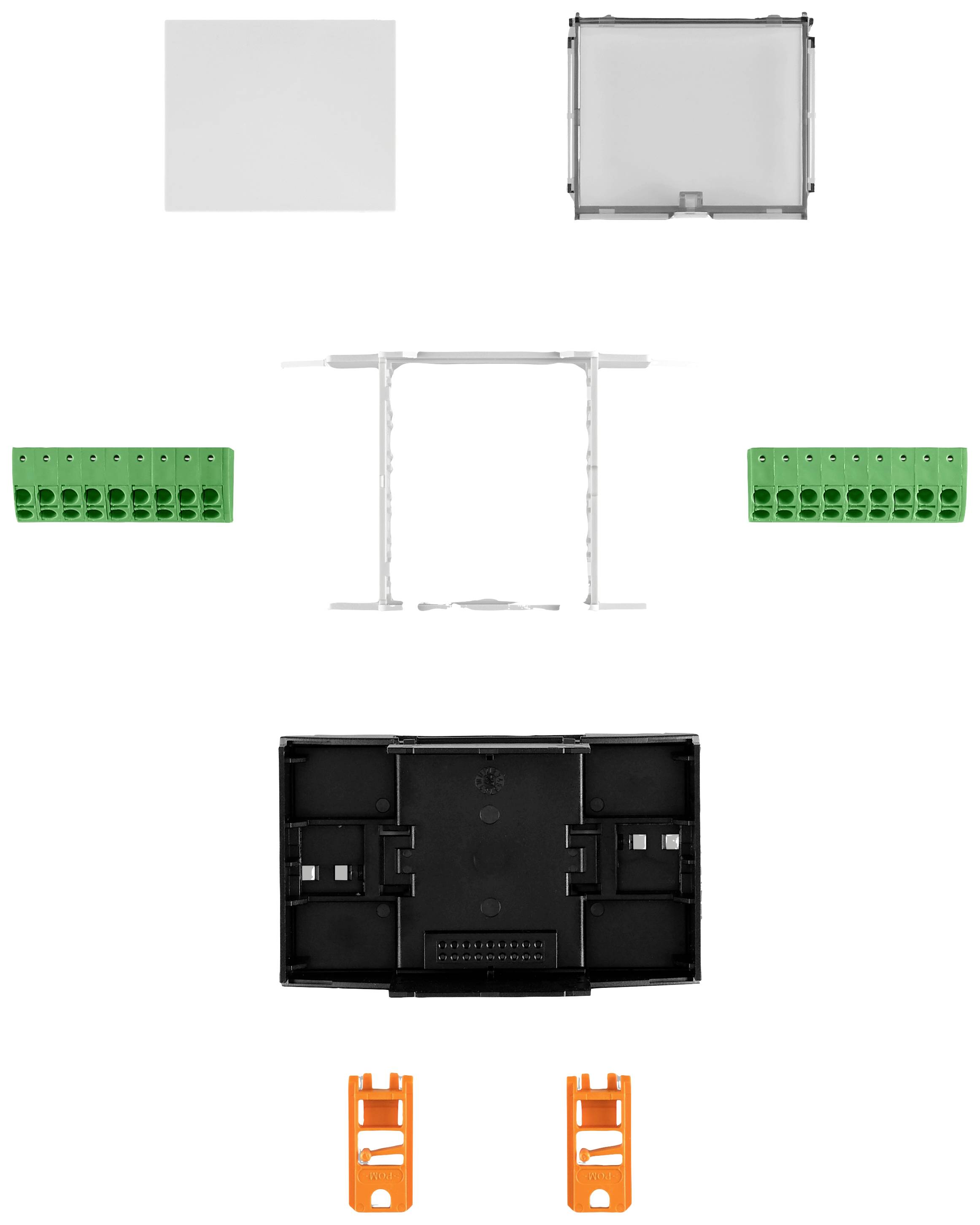 Einzelteile eines elektrischen Steckverbindersets, bestehend aus Plastikgehäuse, Metallhalterung und grünen Anschlussmodulen.