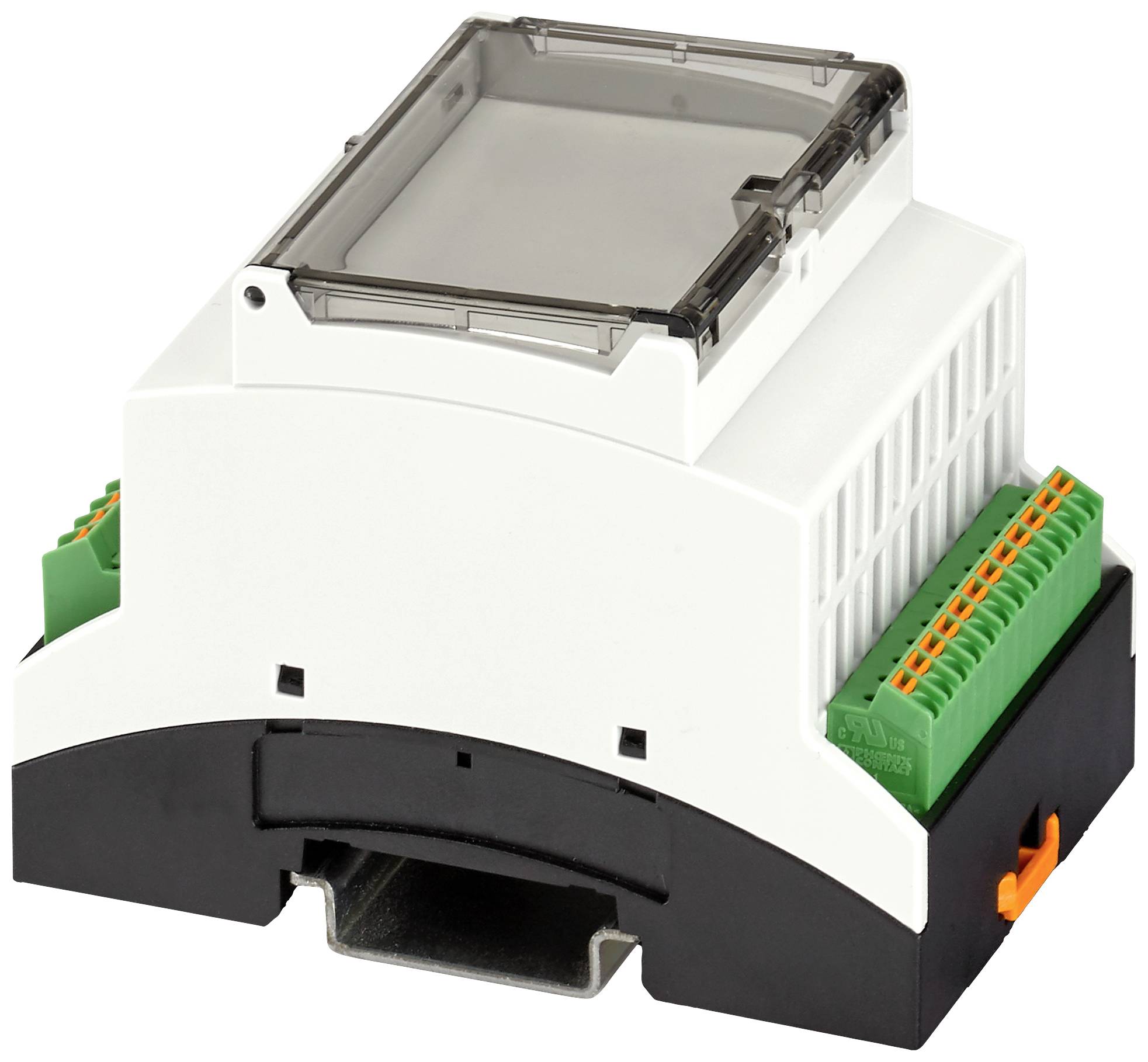 Elektronisches Gerät in einem plastikgehäuse mit grünen und orangefarbenen Anschlussklemmen, möglicherweise für industrielle Anwendungen.