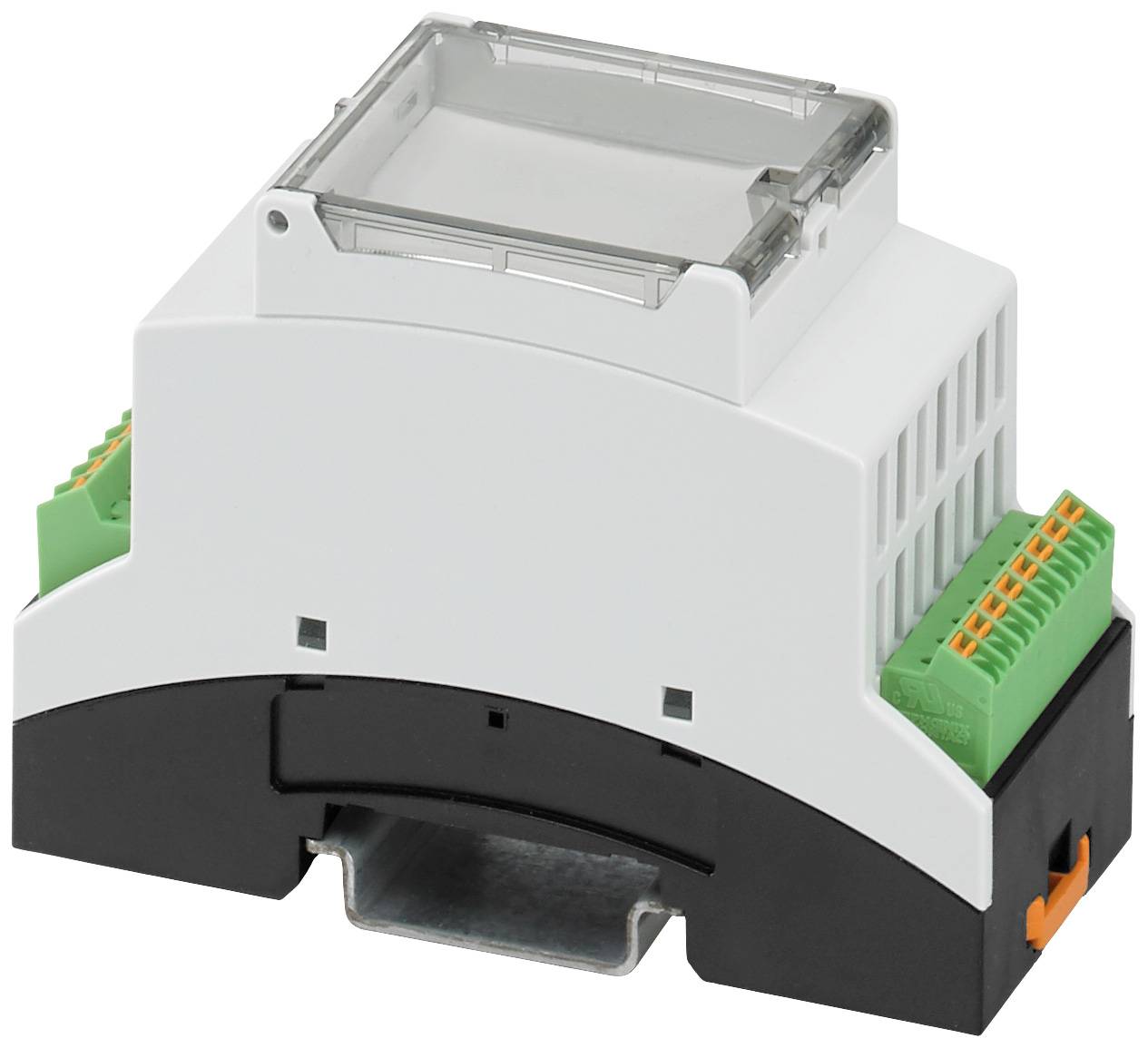 Das Bild zeigt ein elektrisches Gehäuse mit grünen und orangenen Anschlüssen, montiert auf einer schwarzen Basis.