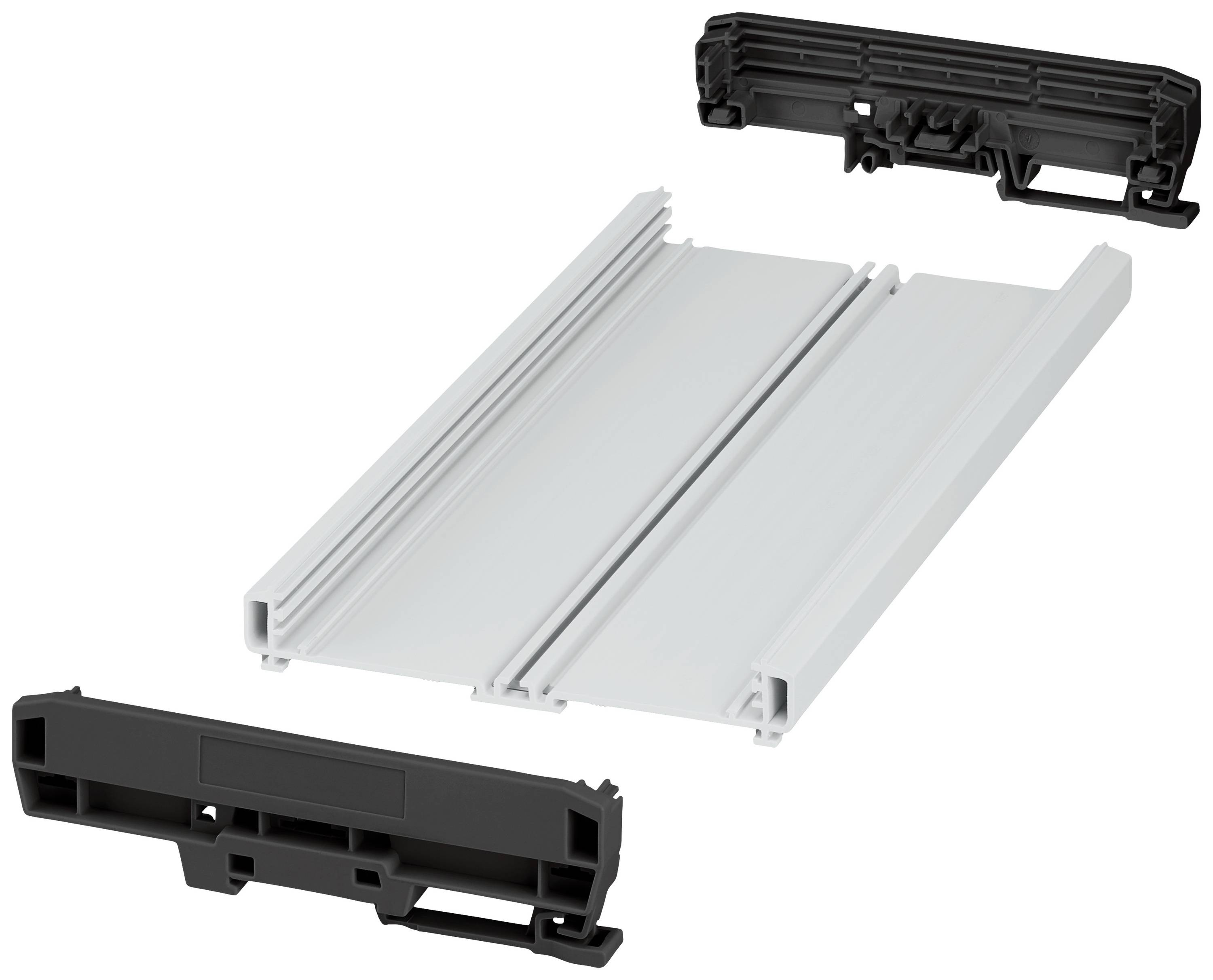 Zwei schwarze Halterungen und eine graue Abdeckung bilden eine Mechanik, möglicherweise für ein Gehäuse oder eine Schublade.