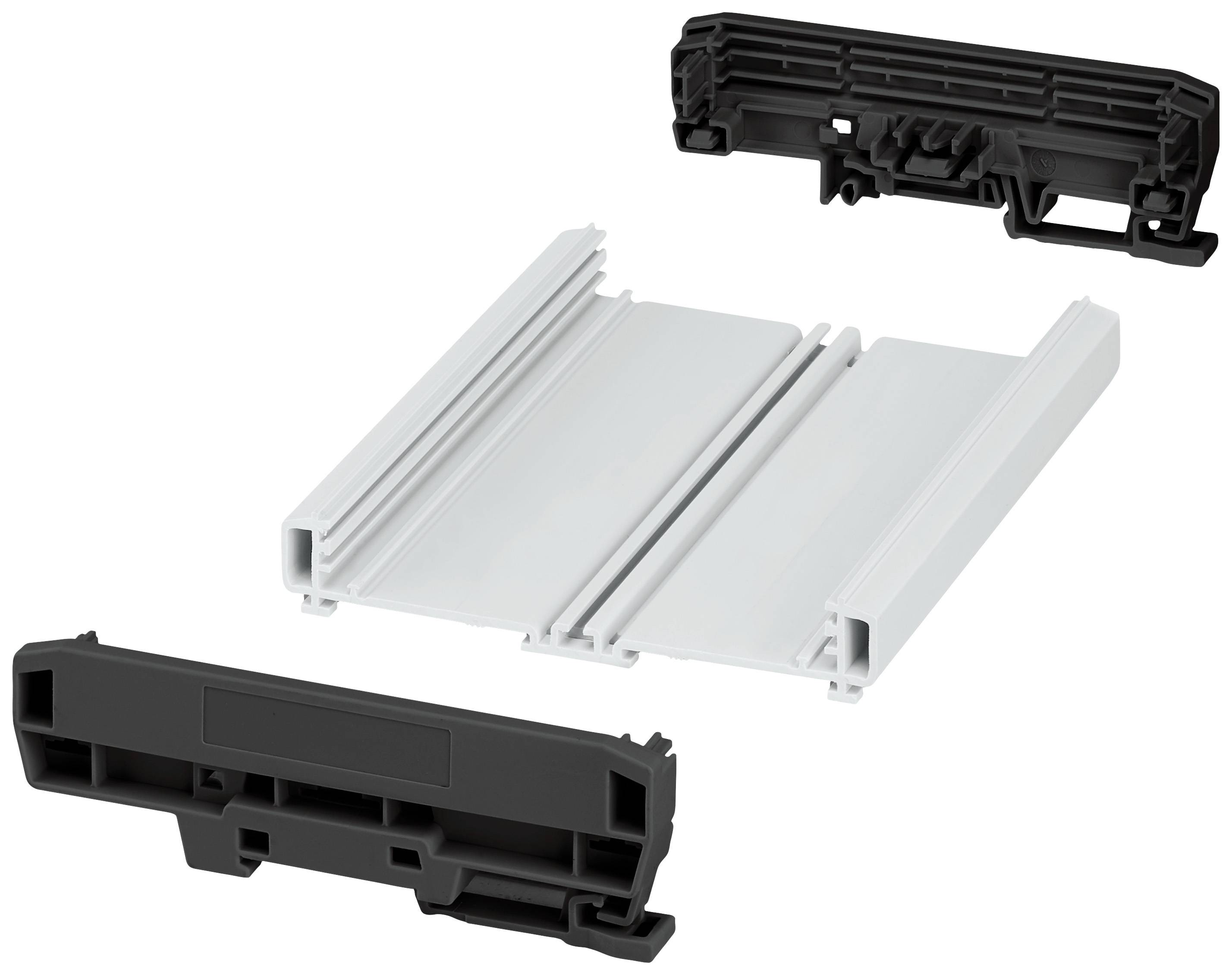 Ein auseinandergebautes Verbundelement mit zwei schwarzen Endstücken und einem zentralen weißen Teil für mechanische Anwendungen.