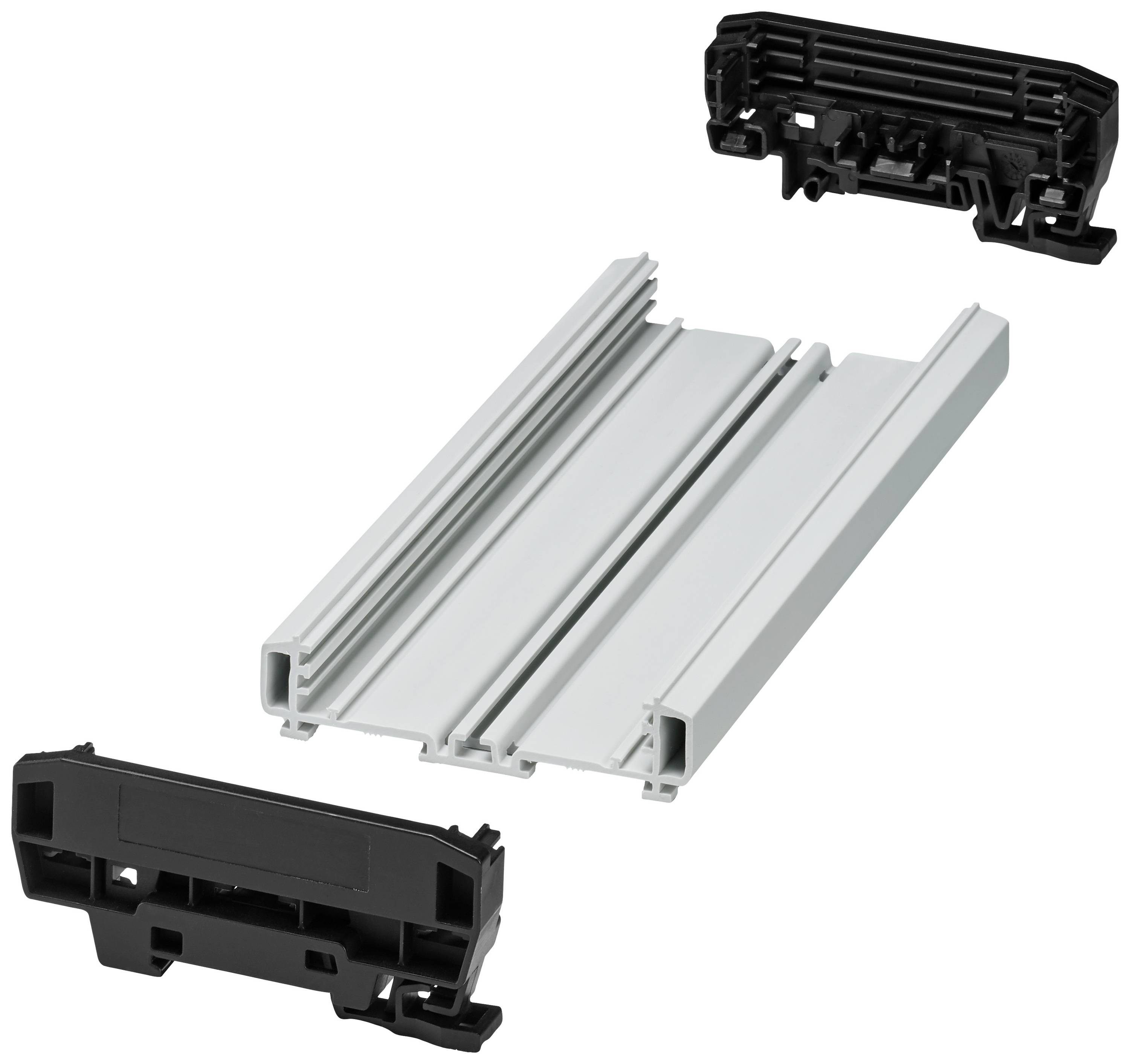 Zerlegte Bauteile eines mechanischen Systems bestehend aus einem zentralen Metallschieber und zwei schwarzen Kunststoffhalterungen.