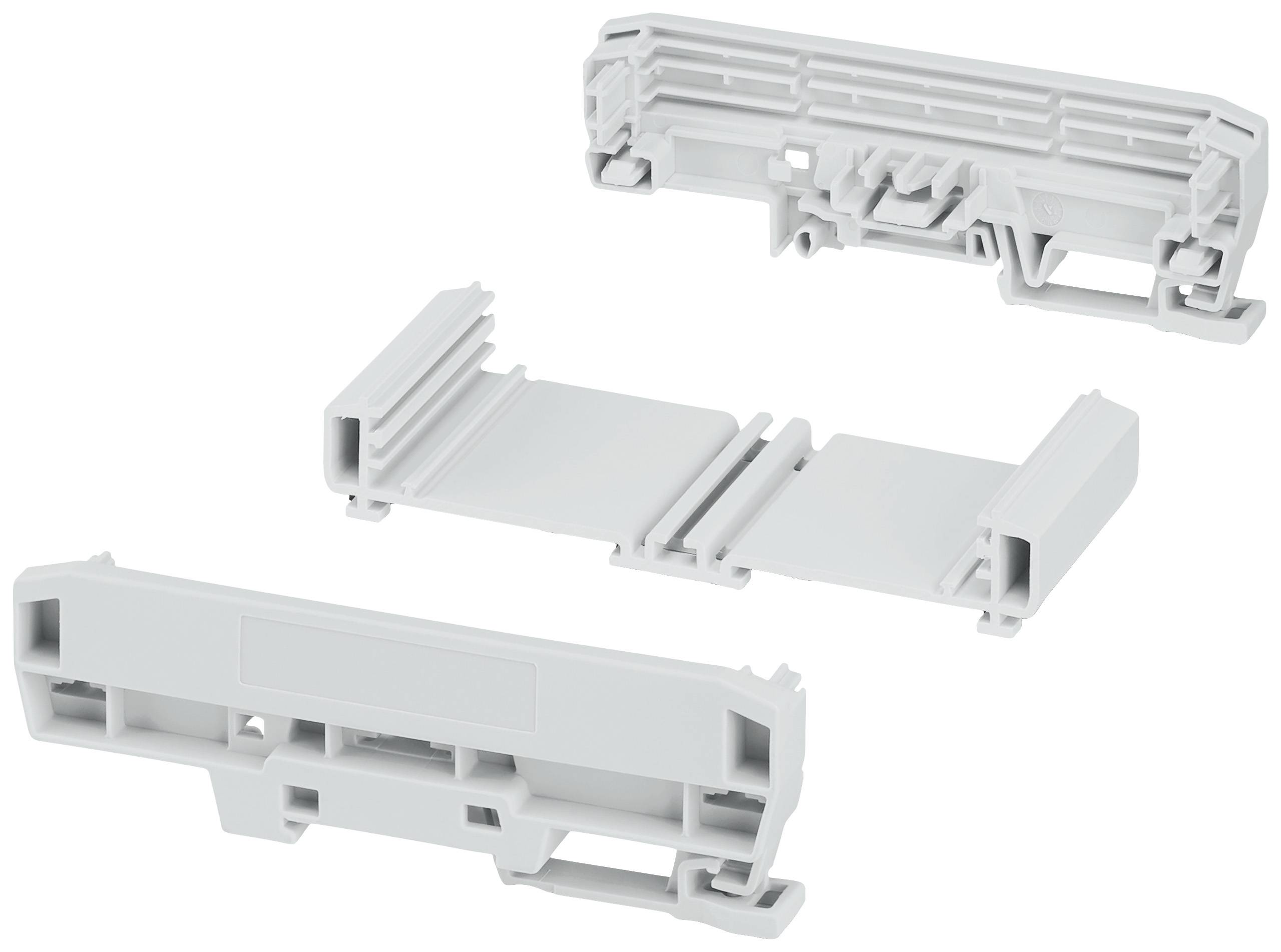 Drei graue Kunststoffsteckverbinder, teilweise zusammengebaut, auf weißem Hintergrund.