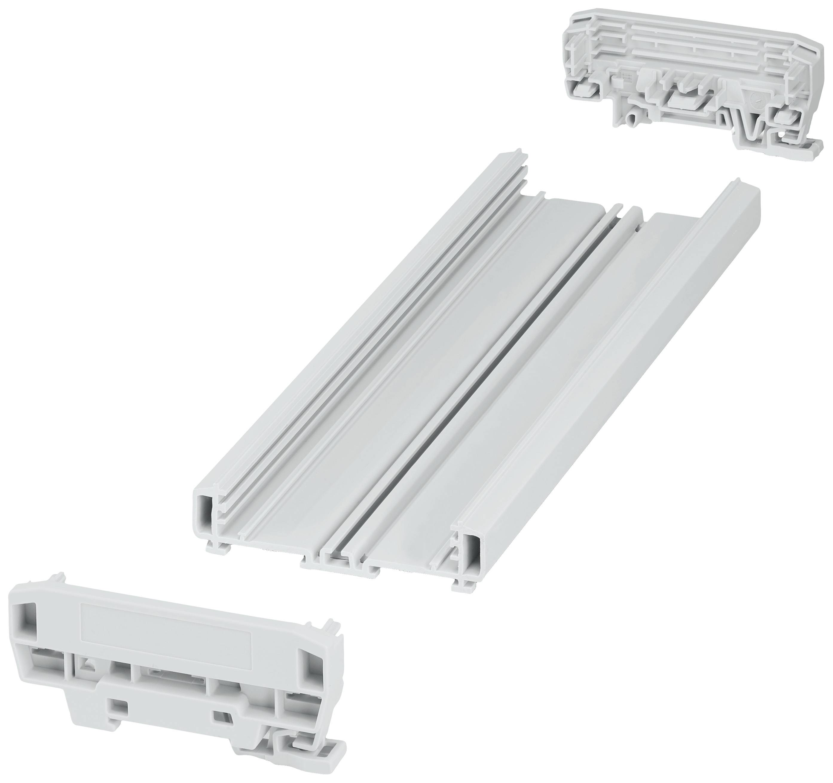 Ein weißes, modular aufgebautes Kunststoffteil, bestehend aus einer länglichen Basis und zwei abnehmbaren Abdeckungen, die seitlich angebracht werden können.