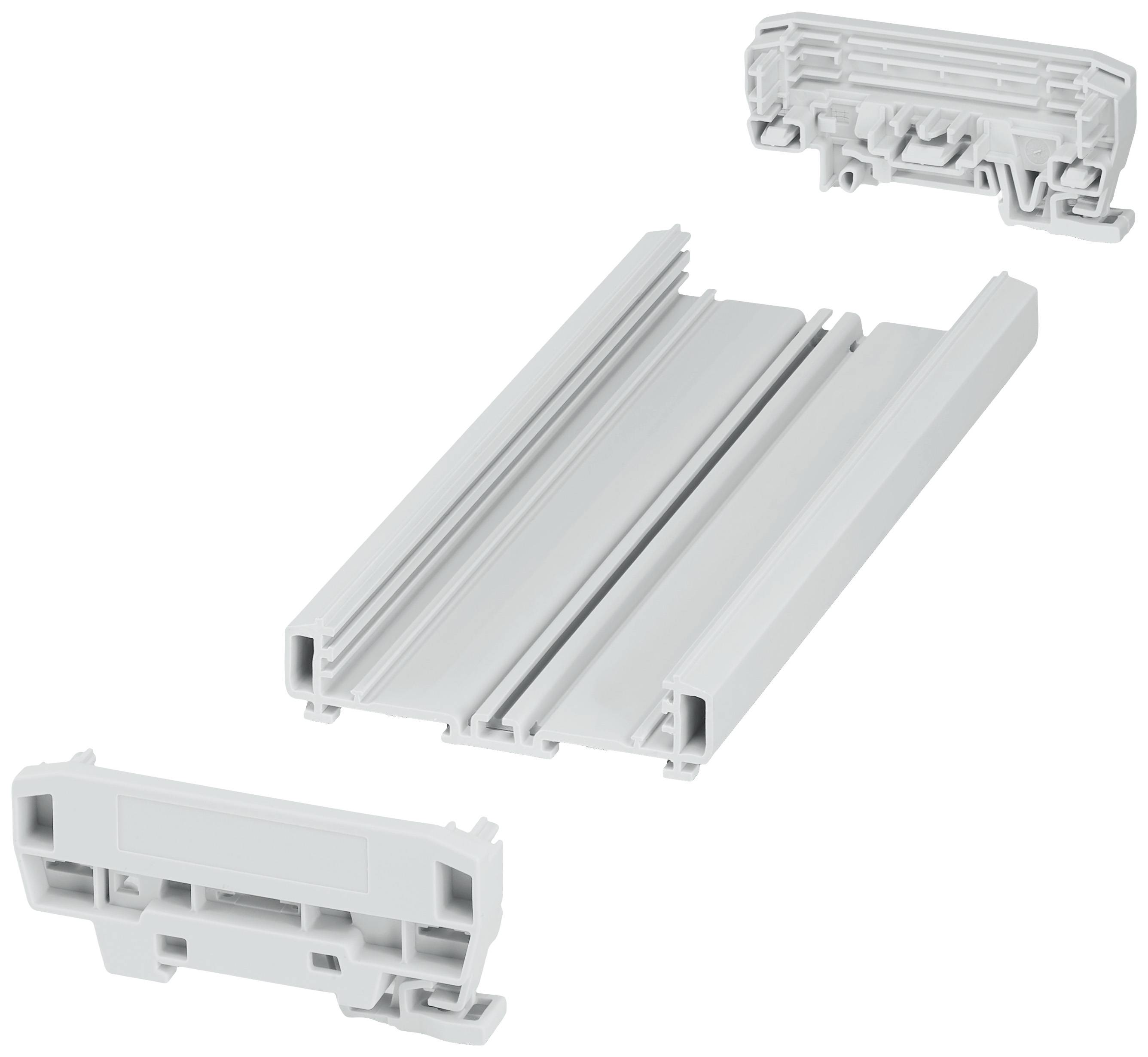 Kunststoffteile für Möbelschiene, bestehend aus einem Schienenkörper und zwei Endkappen, die eine reibungsfreie Schubladenführung ermöglichen.