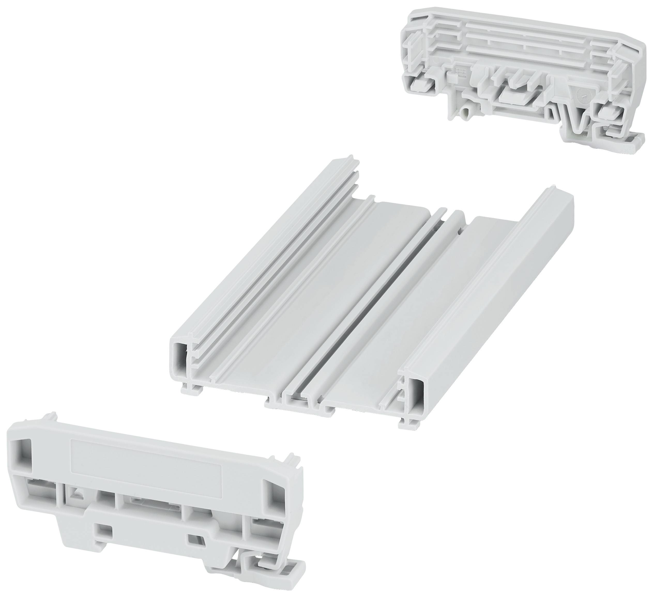 Kunststoffklemmen und Schienen, mit Verbindungsmechanismus. Verwendet zur Montage von Geräten oder Modulen auf DIN-Schienen.