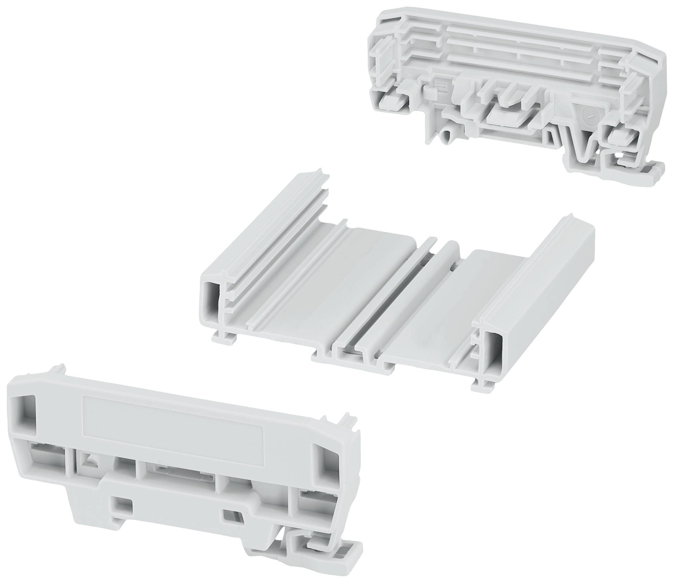 Drei graue, rechteckige Kunststoffteile zum Zusammenfügen eines modularen Verbindungssystems. Oben ist das Oberteil, unten zwei Seiten.