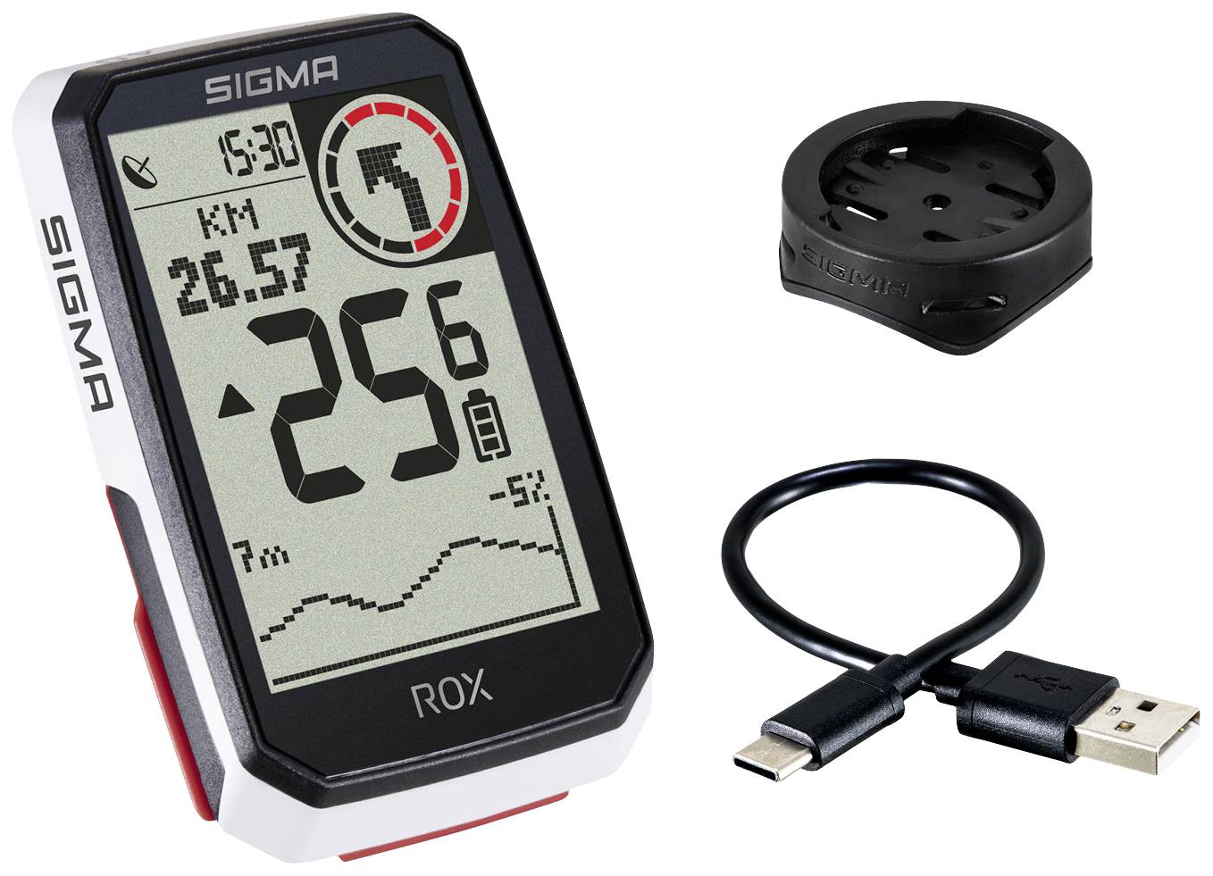Fahrradcomputer Sigma ROX 4.0 mit Zubehör. Zeigt Distanz, Zeit, Geschwindigkeit und Höhe an. Inklusive Magnethalterung und USB-Kabel.