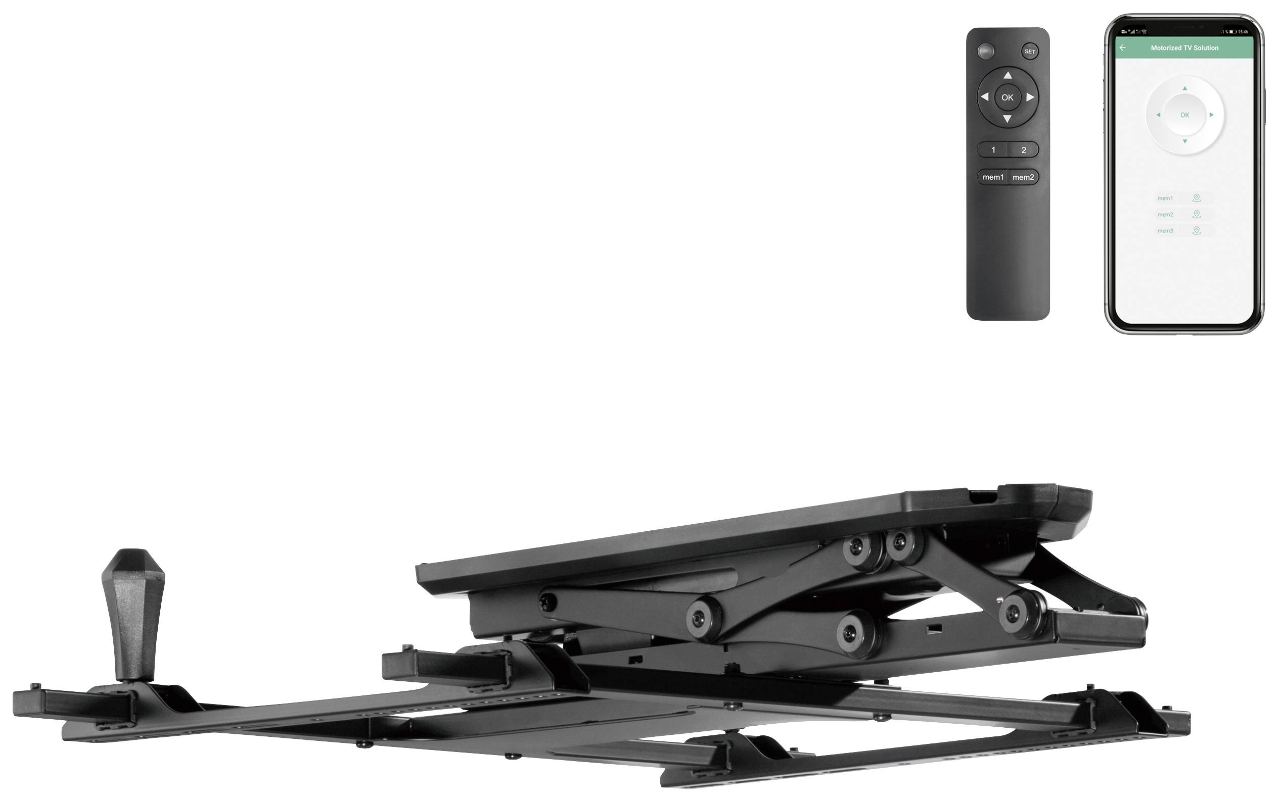 Ein schwarzer, höhenverstellbarer Fernsehlift mit Fernbedienung und Smartphone-App zur Steuerung. Geeignet für Heimkino-Einrichtungen.