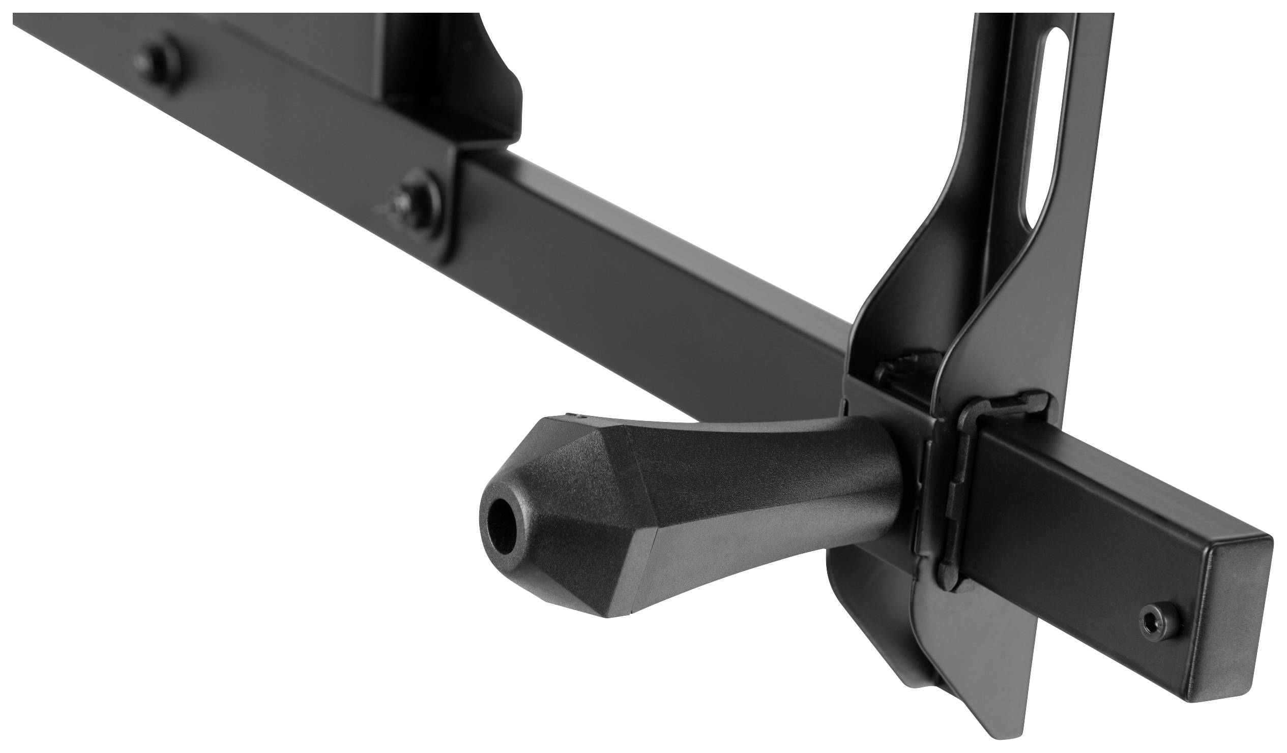 Nahaufnahme eines schwarzen, mechanischen Geräts mit einem Hebel an einer Metallstange. Das Gerät scheint Teil einer Halterung oder eines Befestigungssystems zu sein.