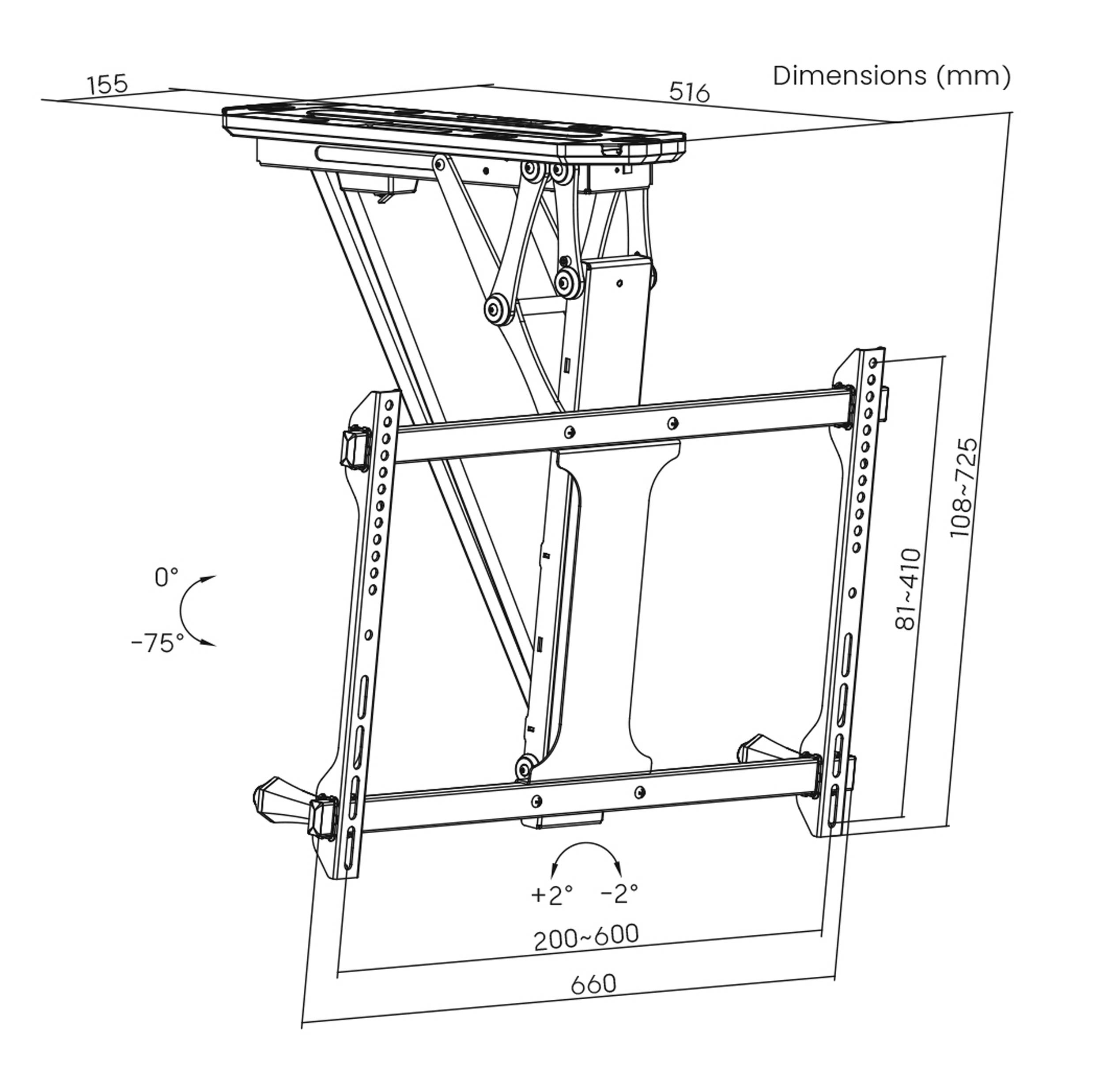 Verstellbare TV-Halterung mit Bewegungsbereich und Maßen: Breite 660 mm, Höhenverstellung 81-725 mm, Neigung 0° bis -75°.