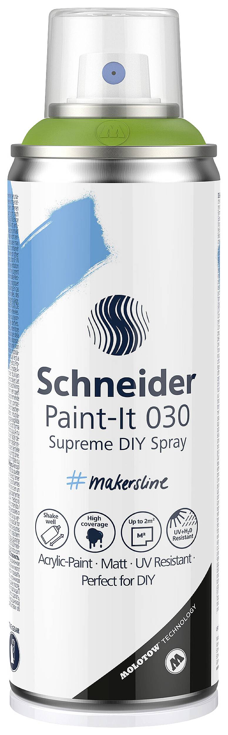Sprühdose mit blauer Kappe und Aufdruck 'Schneider Paint-It 030 Supreme DIY Spray'. Geeignet für Acrylfarbe und DIY-Projekte.