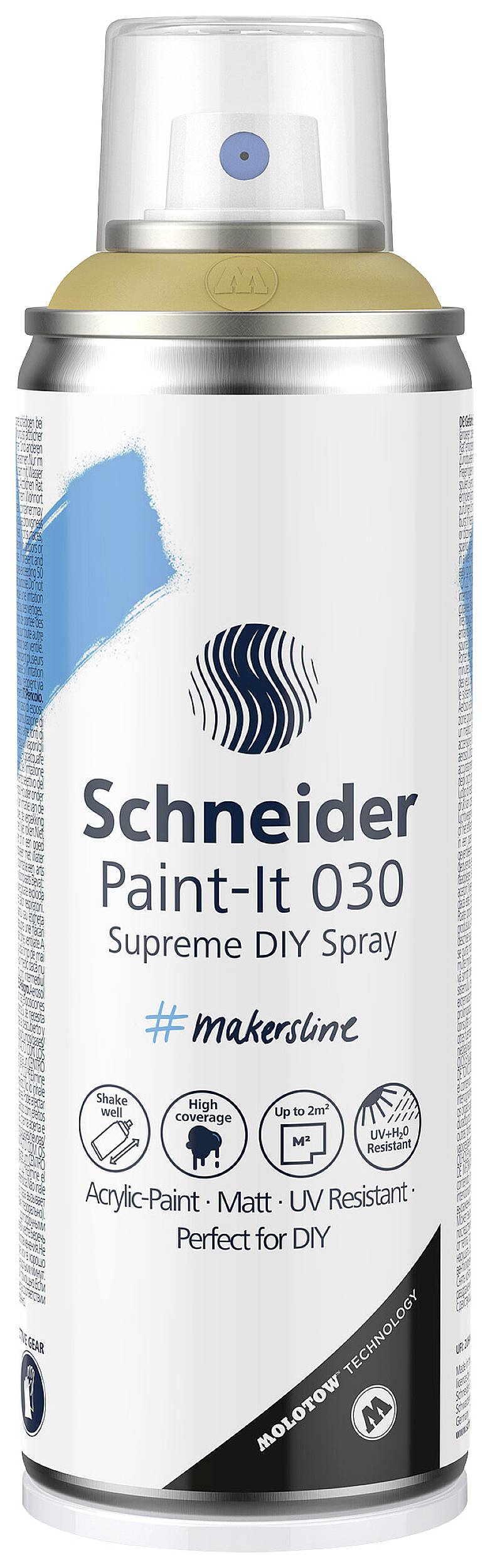Sprühdose mit blauer Farbanzeige. Beschriftet 'Schneider Paint-It 030 Supreme DIY Spray'. Eignung für DIY-Projekte betont.