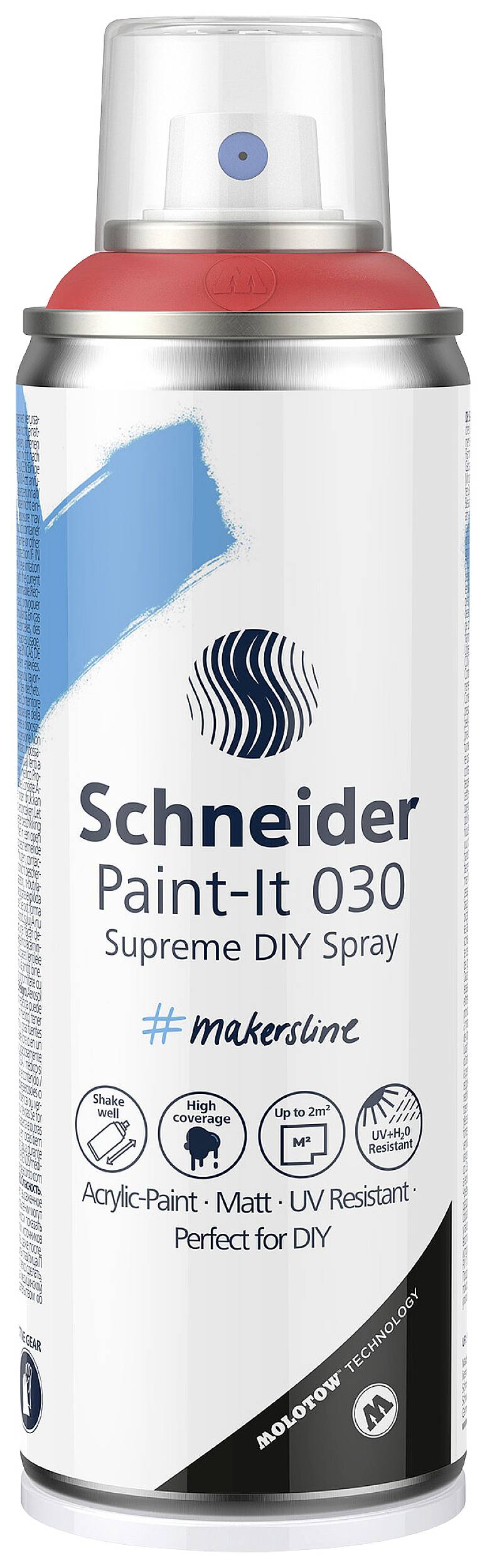 Spraydose 'Schneider Paint-It 030' für DIY-Projekte. Enthält matte, UV-resistente Acrylfarbe. Blaue und weiße Gestaltung.