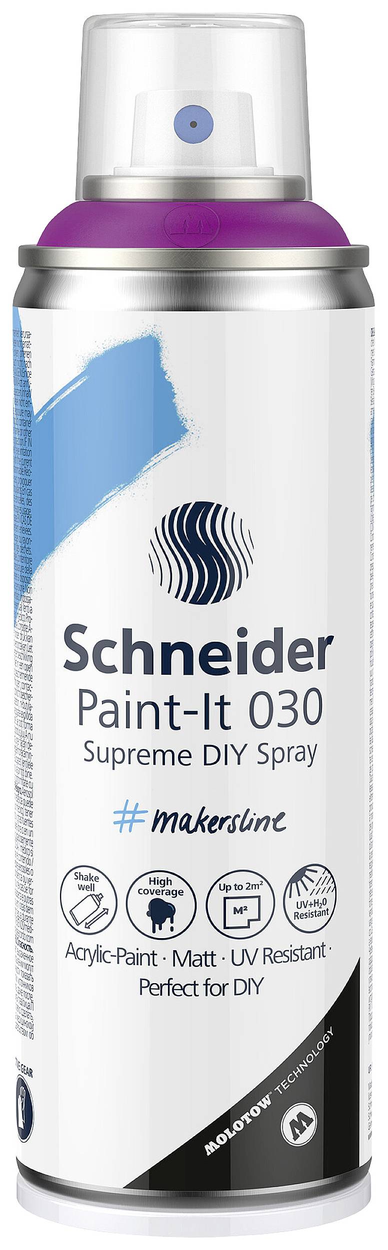 Sprühdose 'Schneider Paint-It 030' mit violettem Deckel und blauer Verzierung. Text: 
