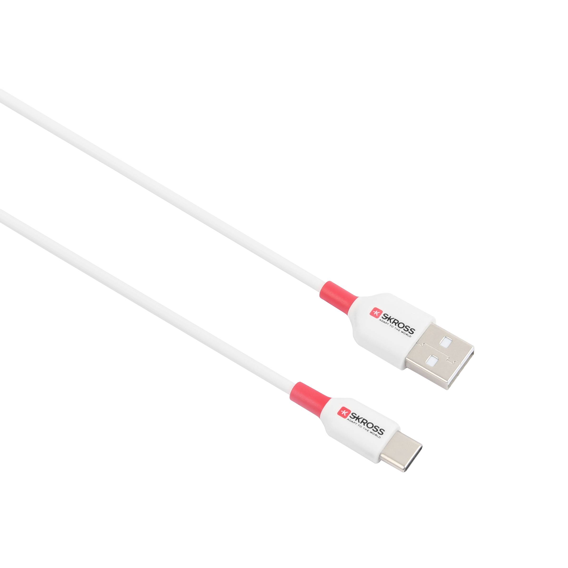 Ein weißes USB-Kabel mit rot umrandeten Steckern, ein Standard-USB-Stecker auf der einen Seite und ein USB-C-Stecker auf der anderen.