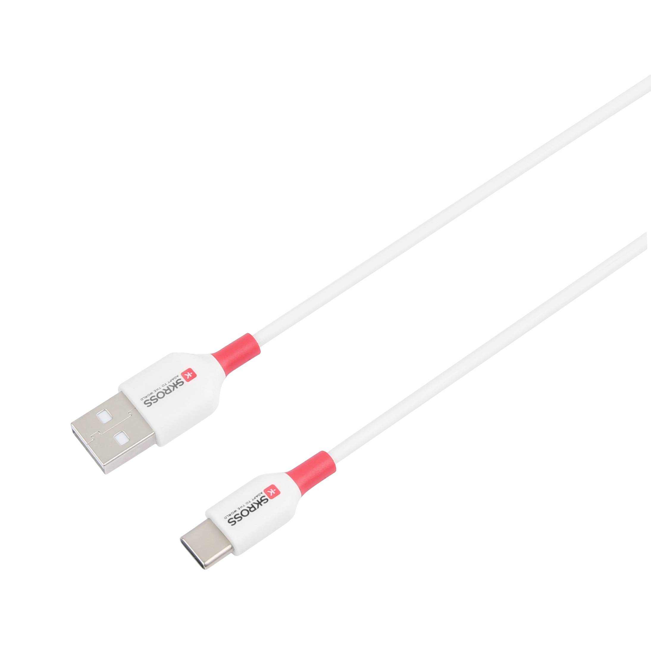 Weißes USB-Kabel mit rot-weißen Verbindern, das auf der linken Seite einen USB-A- und auf der rechten Seite einen USB-C-Stecker zeigt.