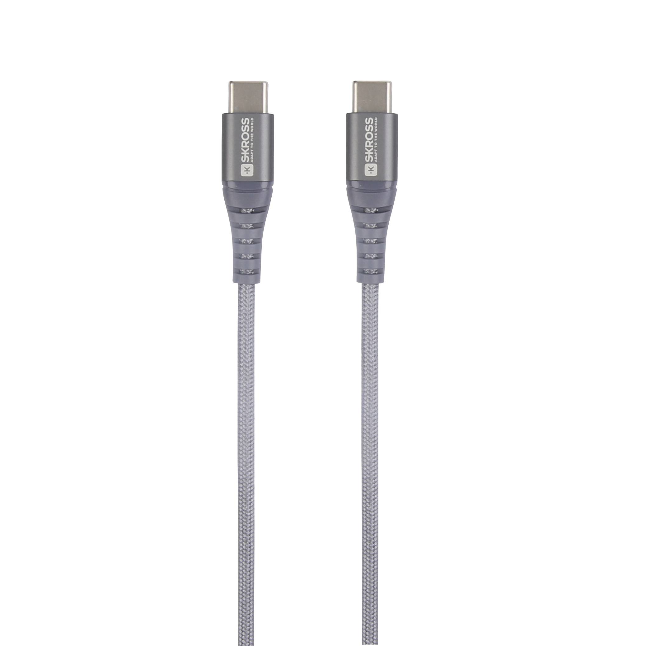 Zwei graue USB-C-Kabel nebeneinander, jeweils mit gewebter Oberfläche und markierten Steckern.