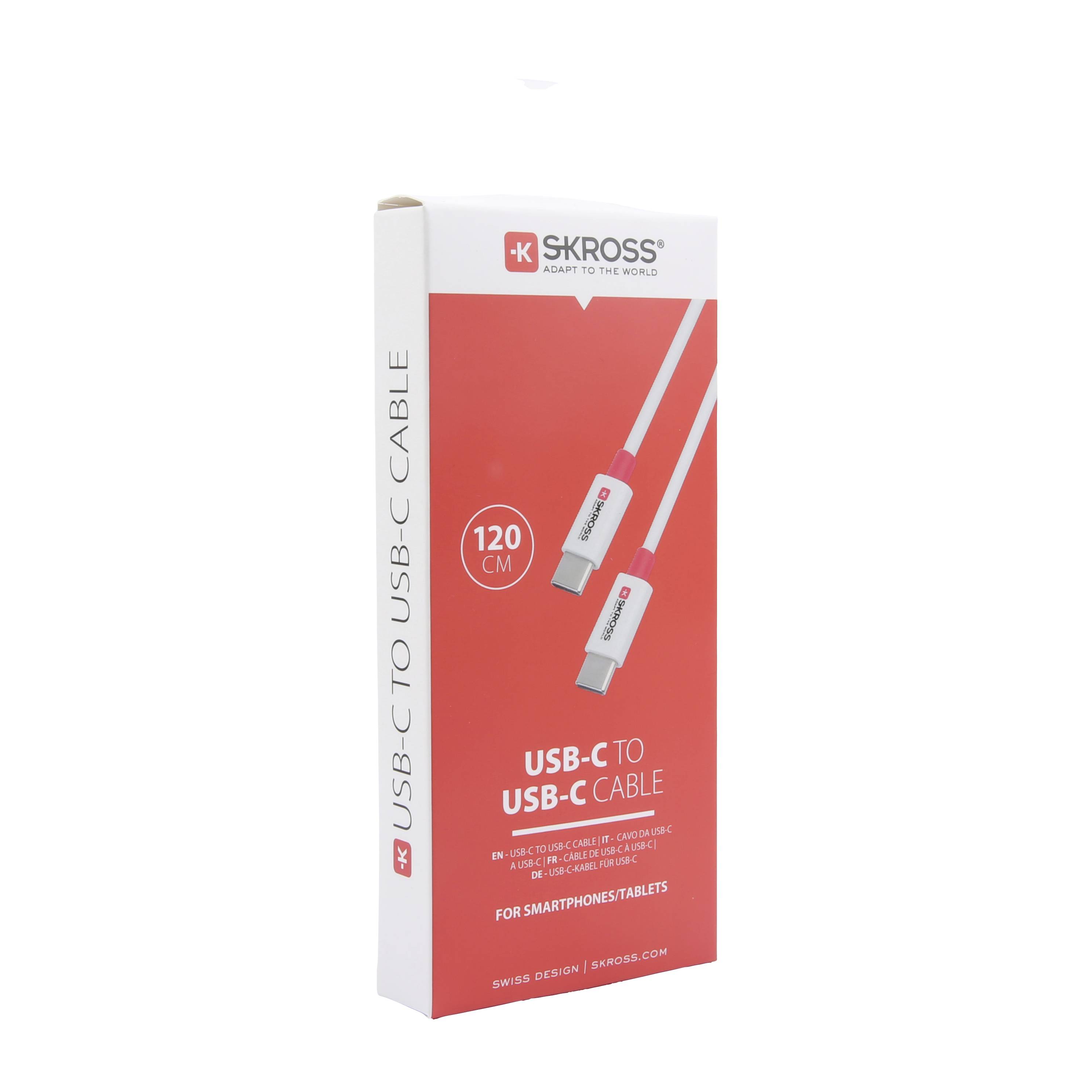 USB-C zu USB-C Kabel, 120 cm, rot-weiß, geeignet für Smartphones/Tablet. Verpackung von Skross, Swiss Design.
