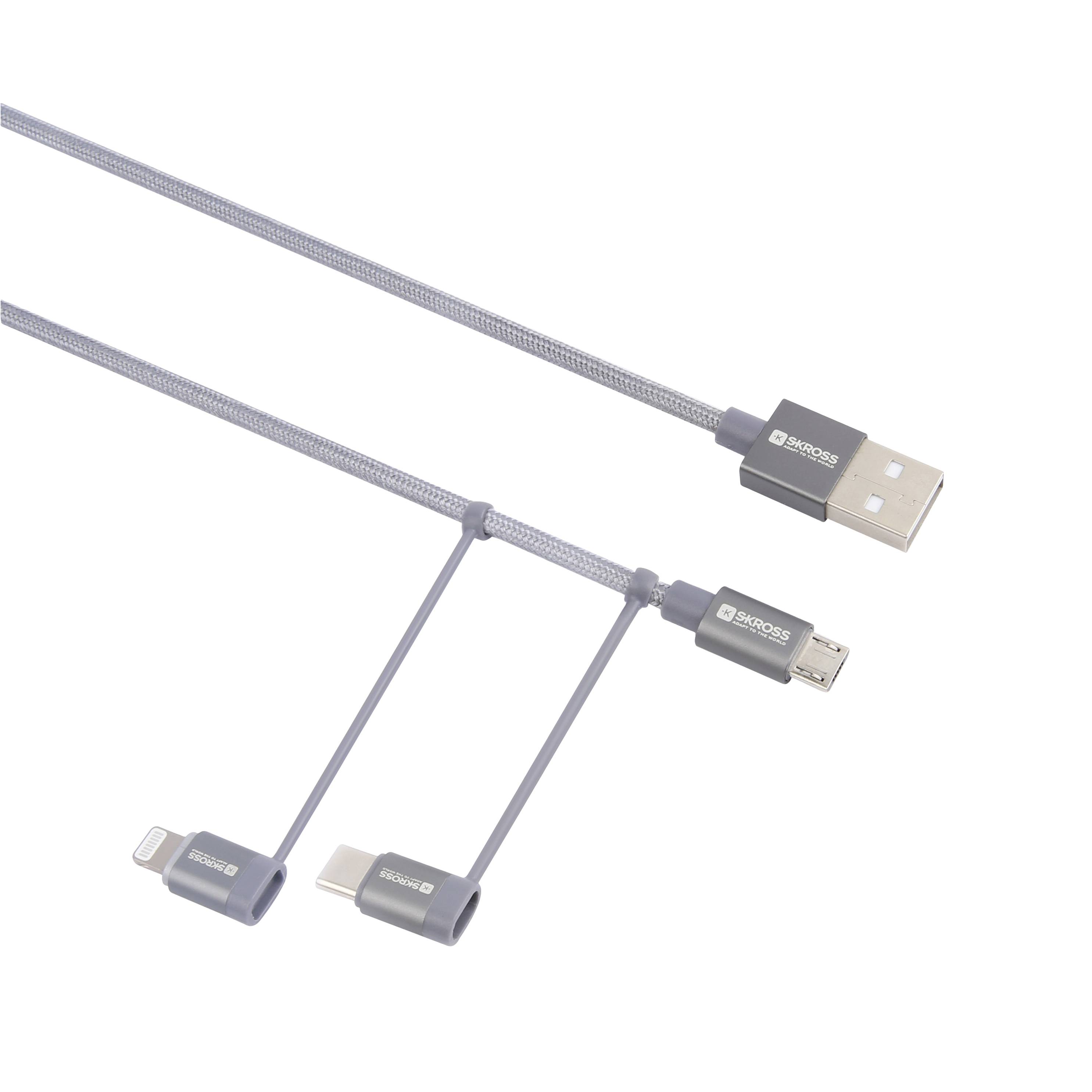 Ein graues 3-in-1 Ladekabel mit USB-Anschluss und drei verschiedenen Anschlüssen: Lightning, USB-C und Micro-USB.