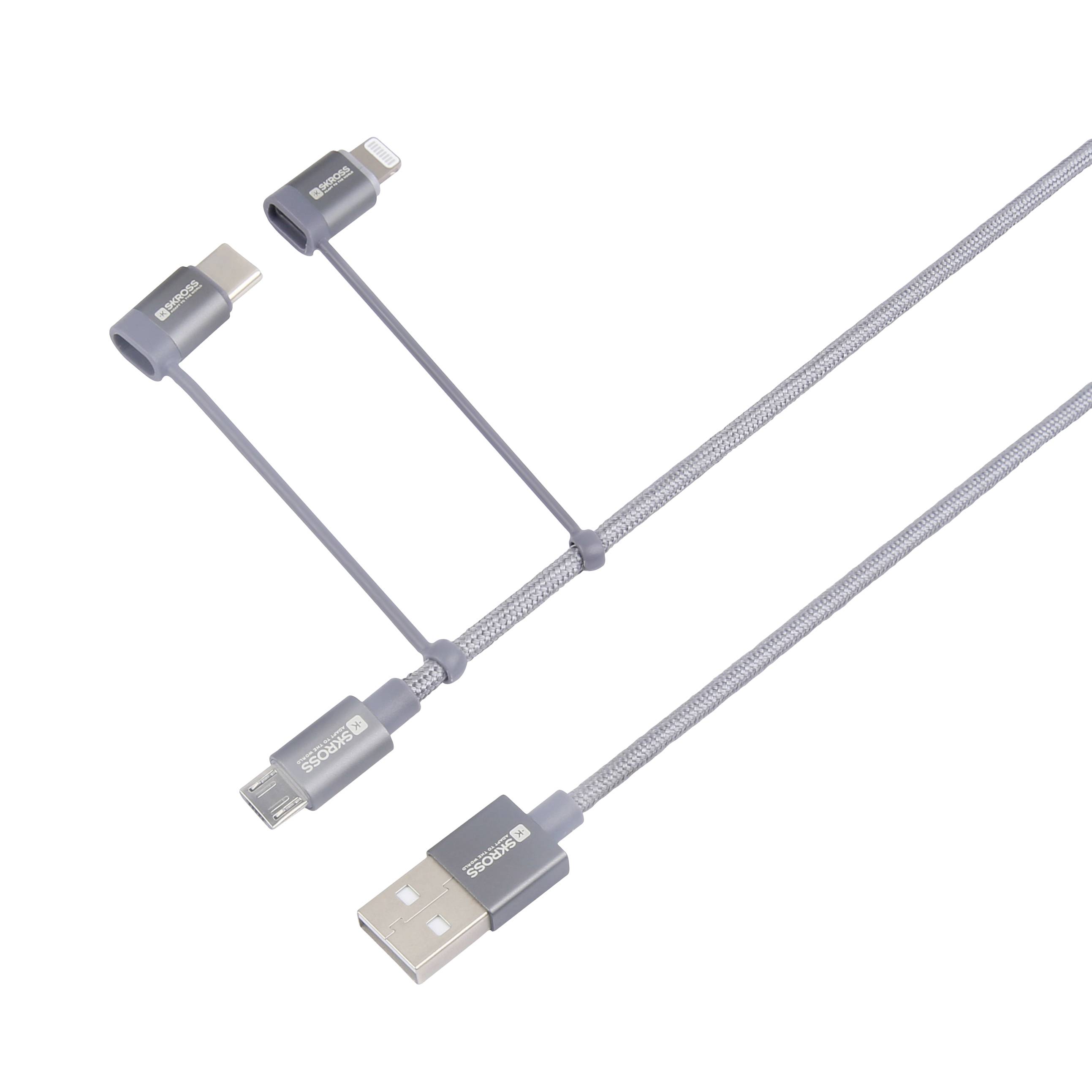 Ein dreifacher USB-Ladekabeladapter mit USB-C-, Micro-USB- und Lightning-Steckern, geeignet für mehrere Gerätetypen.
