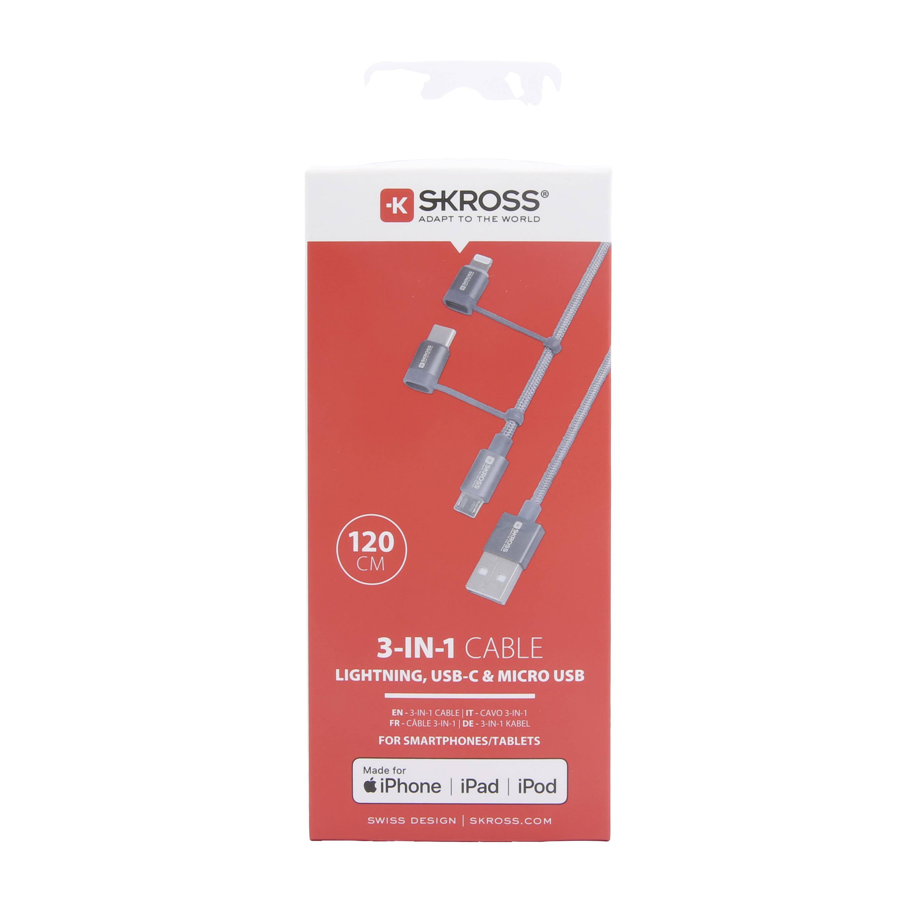 'SKROSS 3-in-1 Kabel' Verpackung zeigt Kabel mit Lightning, USB-C und Micro USB Anschlüssen. Länge 120 cm, geeignet für iPhone, iPad, iPod.