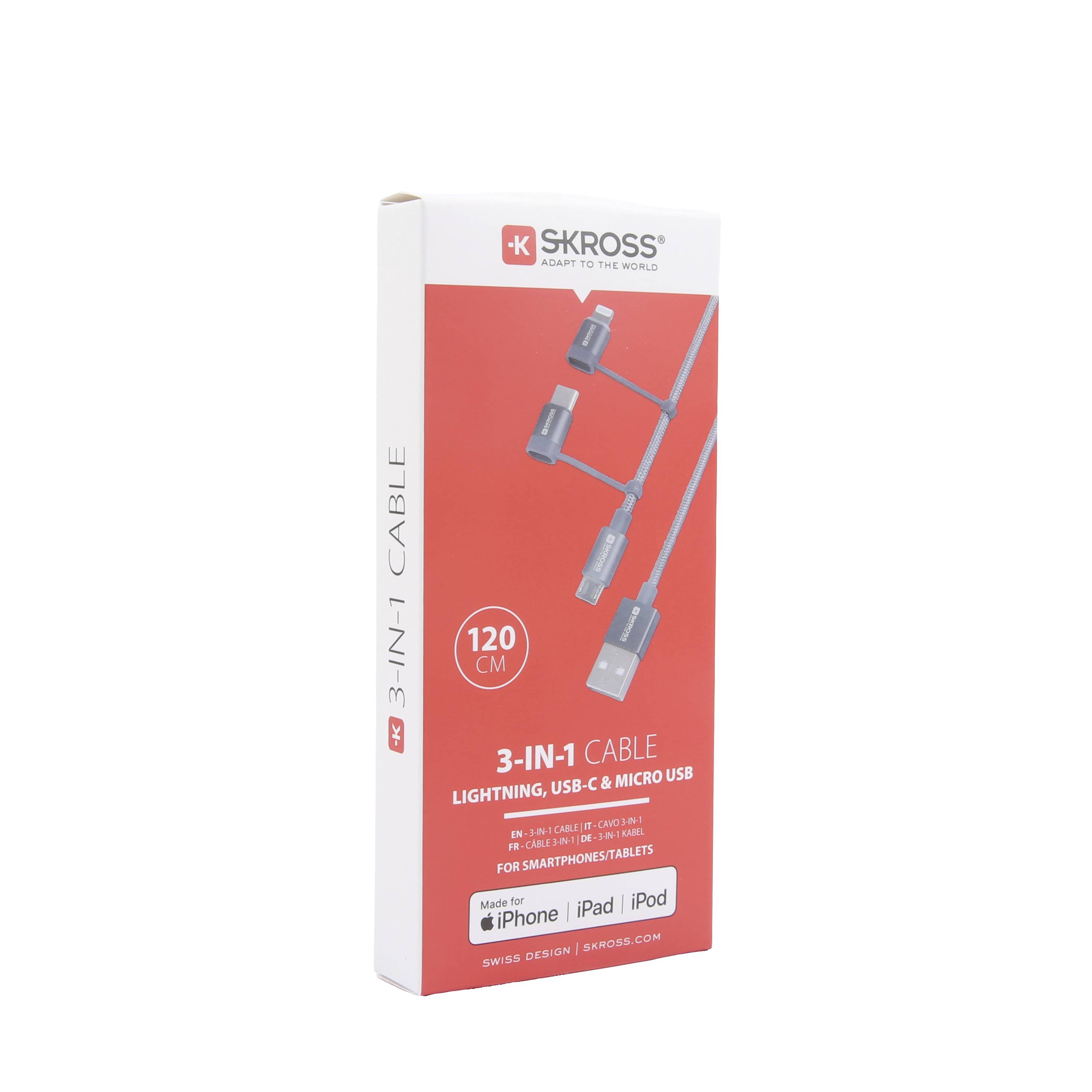 Verpackung eines '3-in-1' Kabels der Marke Skross, kompatibel mit Lightning, USB-C und Micro USB, Länge 120 cm, geeignet für iPhone, iPad und iPod.