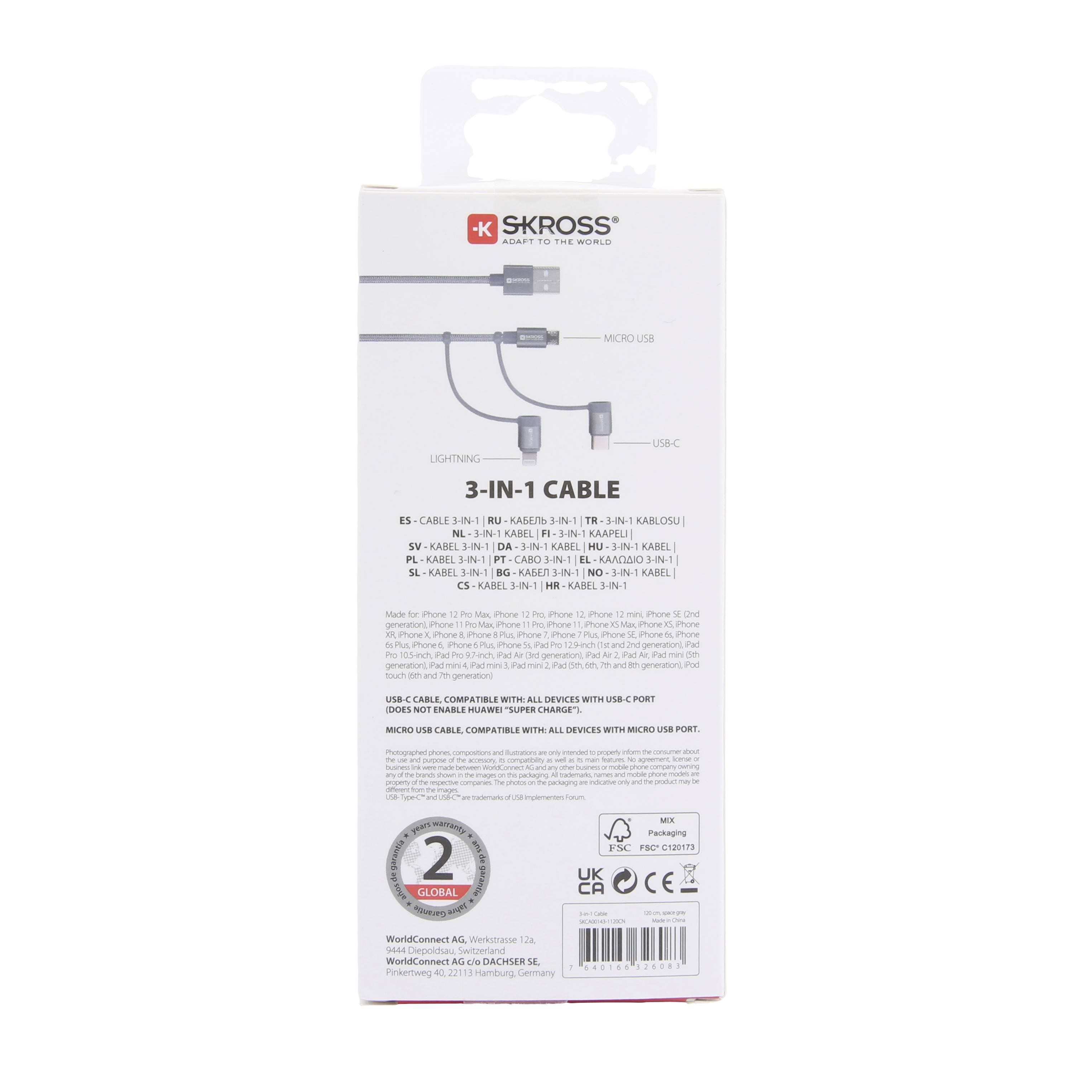 Rückseite einer weißen Verpackung mit dem Markennamen in Rot oben. Enthält drei Kabeltypen: Micro USB, Lightning und USB-C.