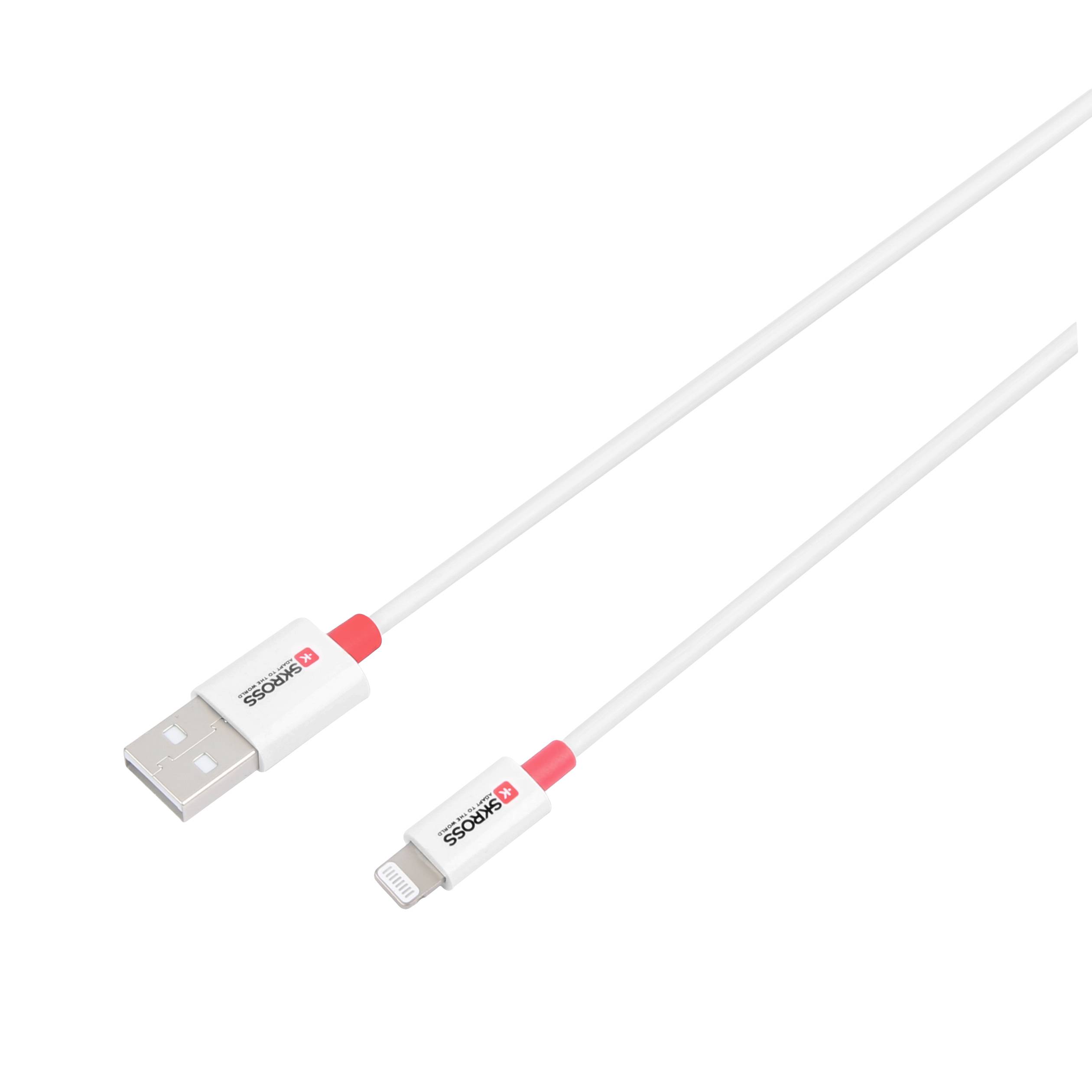 USB-zu-Lightning-Kabel in Weiß mit roten Akzenten. Beide Enden sind sichtbar: USB-A-Stecker auf der linken Seite, Lightning-Stecker rechts.