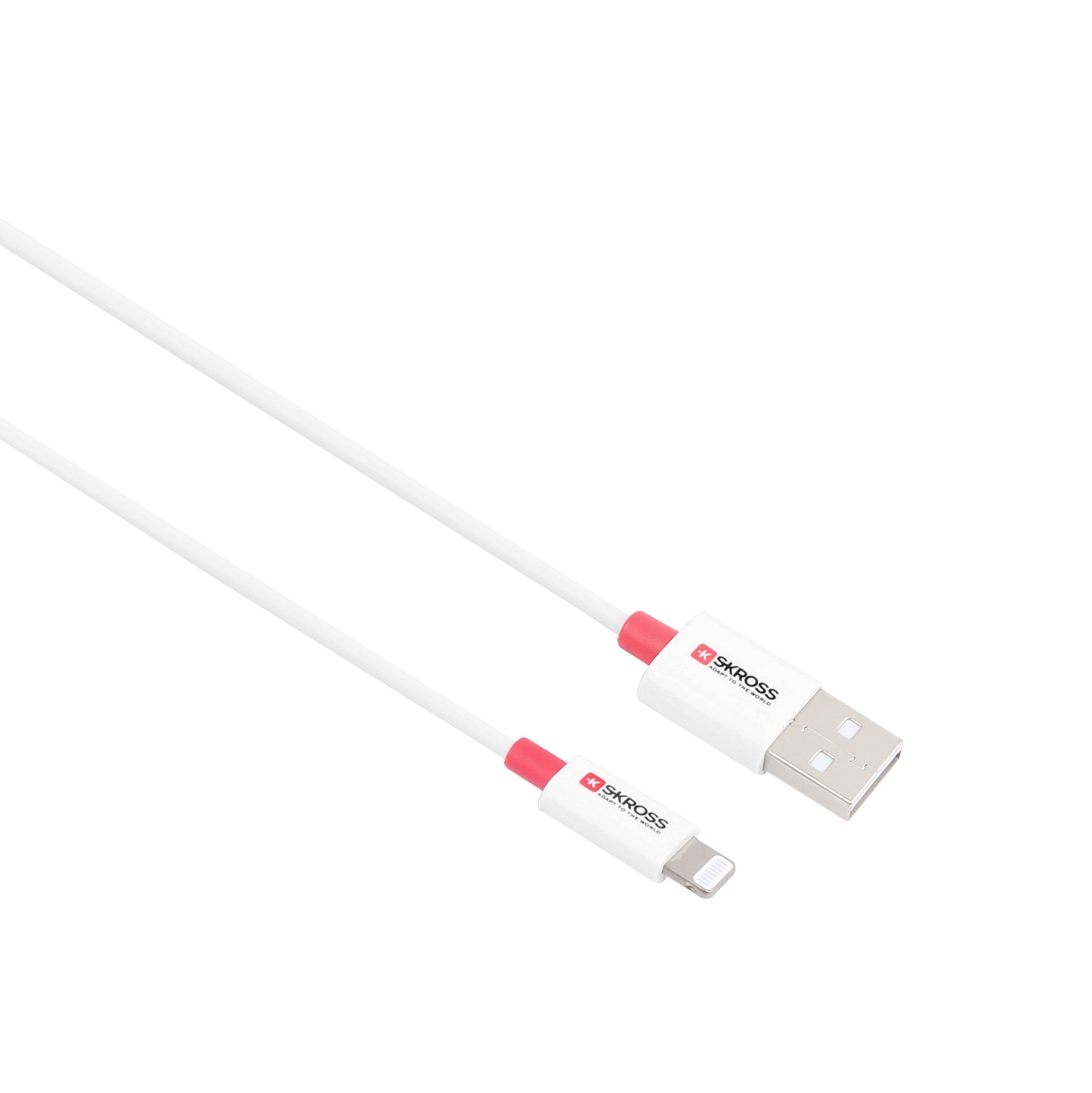 USB-zu-Lightning-Kabel, weiß mit roten Akzenten. Auf einem Stecker steht 'SROOSE'.